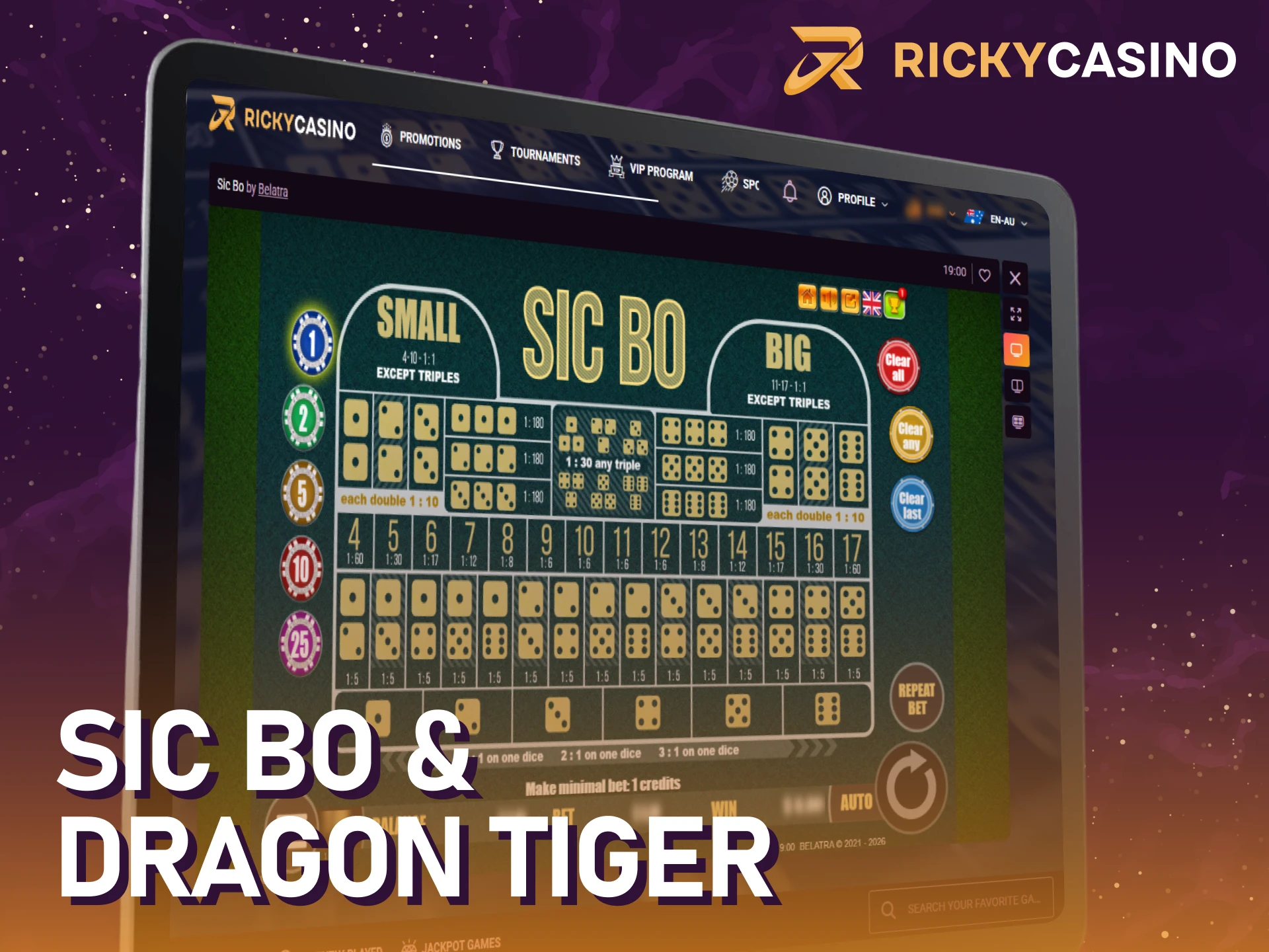 Try your luck at Sic Bo & Dragon Tiger within Ricky casino live.