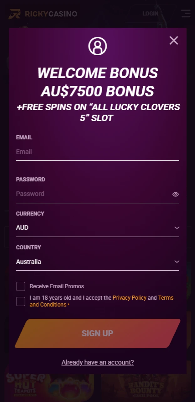 Register your new profile to gain access to the Ricky casino live tables.