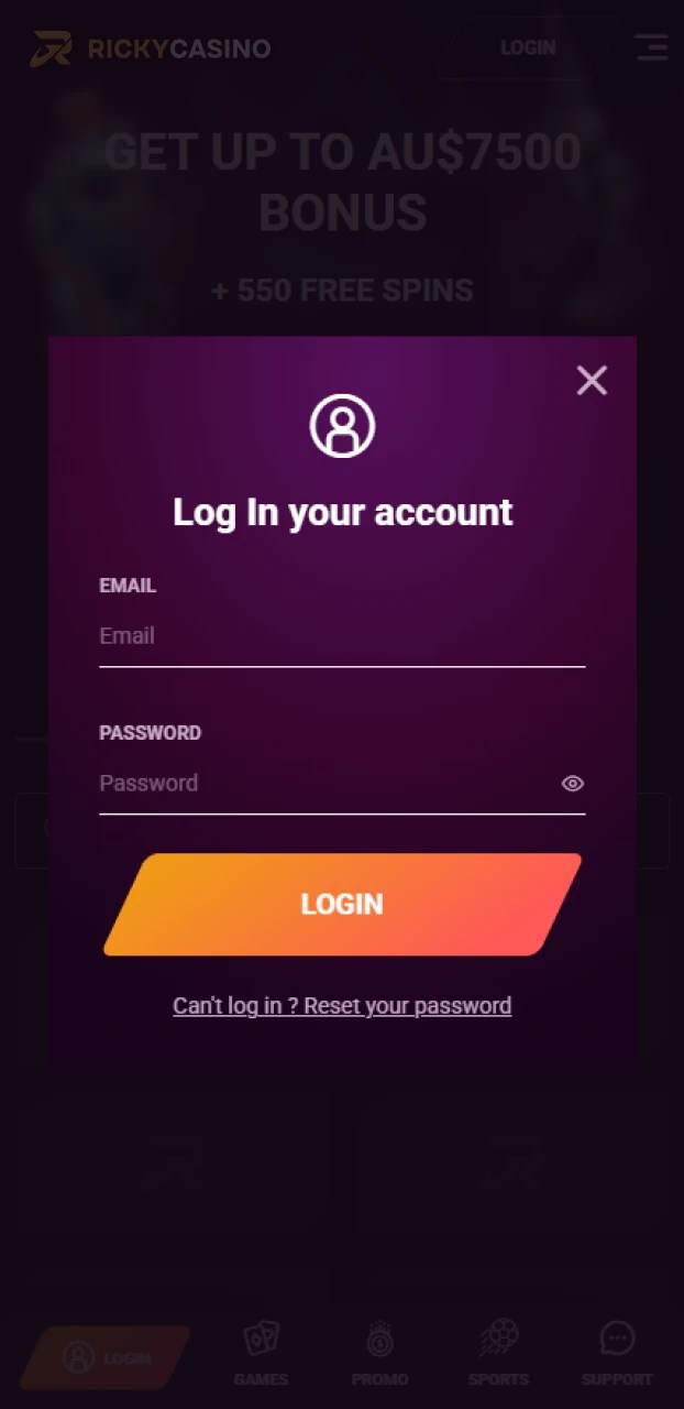 Enter your email or use social networks to sign in to your Ricky casino login.