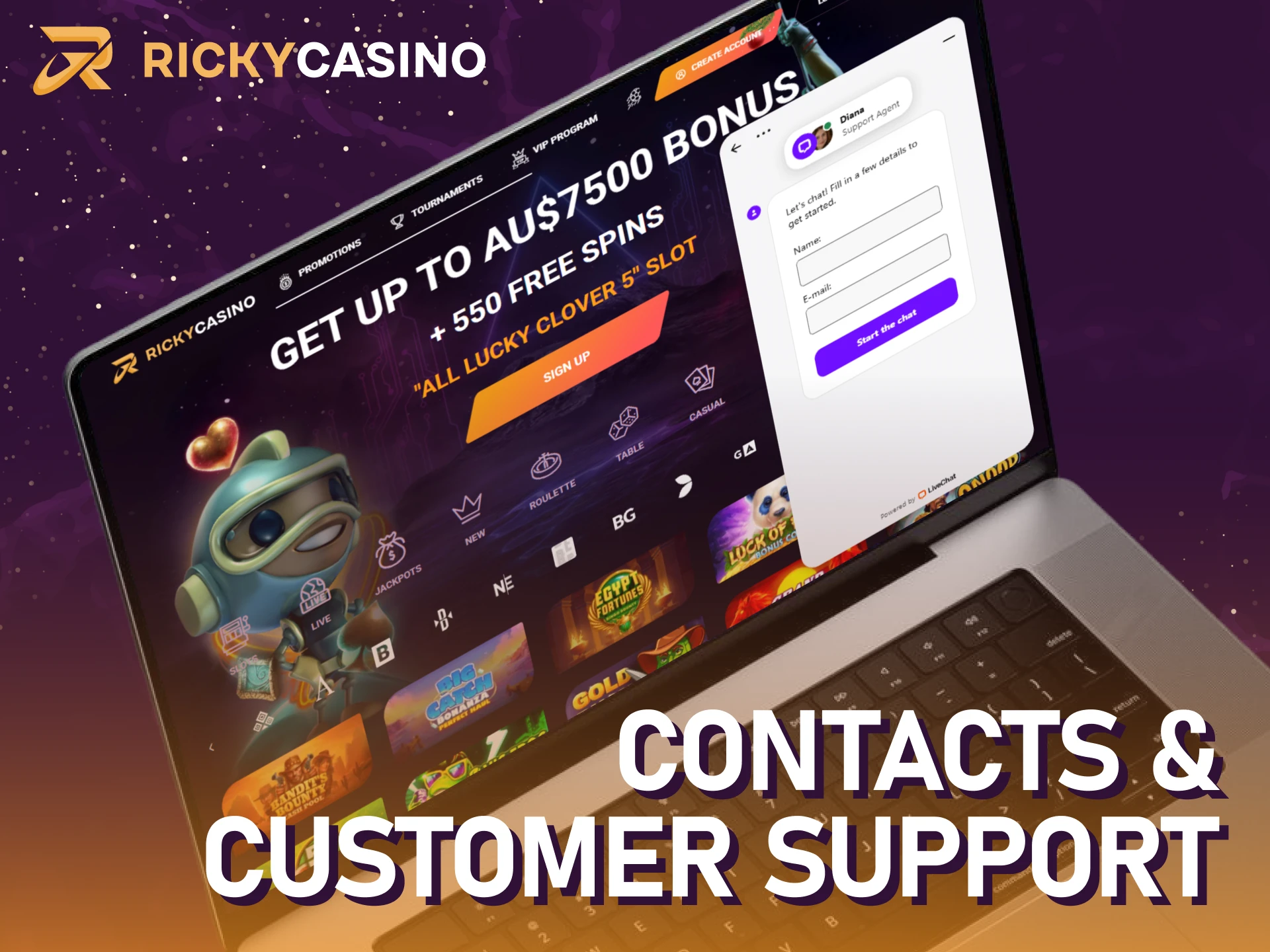 Contact the Ricky casino customer support team for any help.