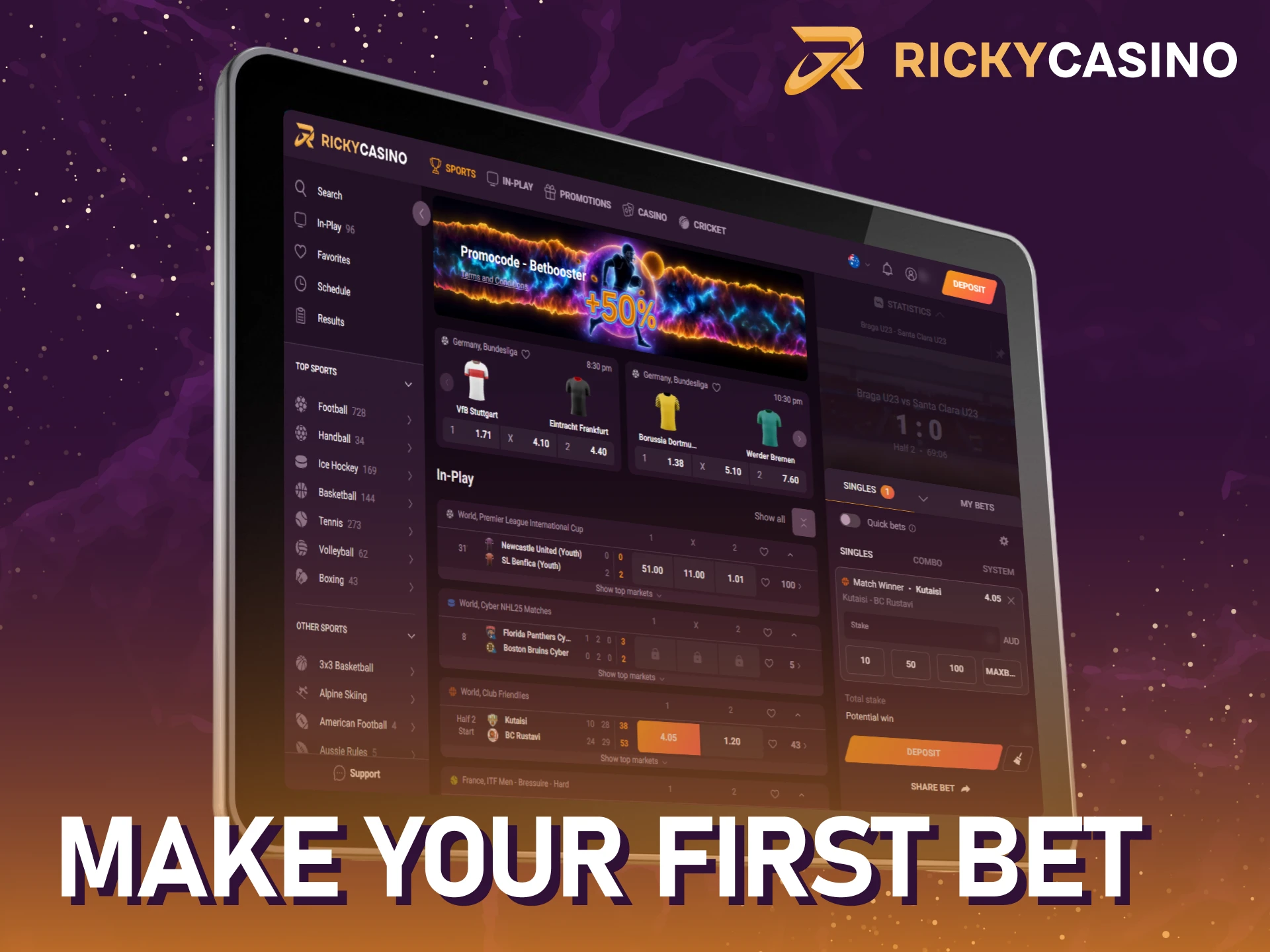 Make your first bet in Australia at Ricky casino in just a few steps.