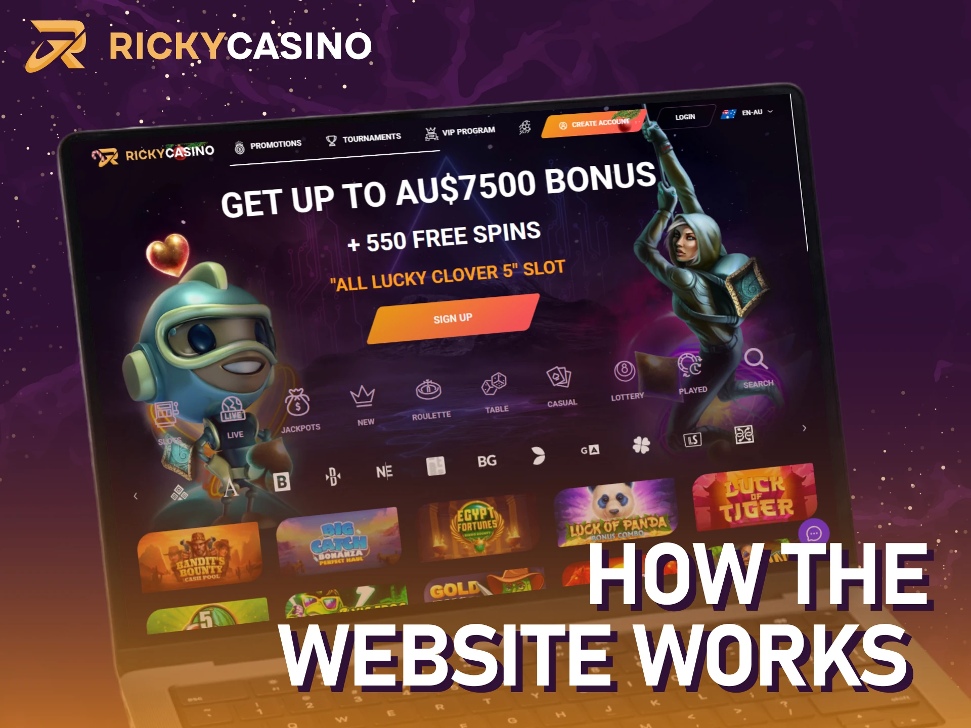Explore how the Ricky casino website looks and works.