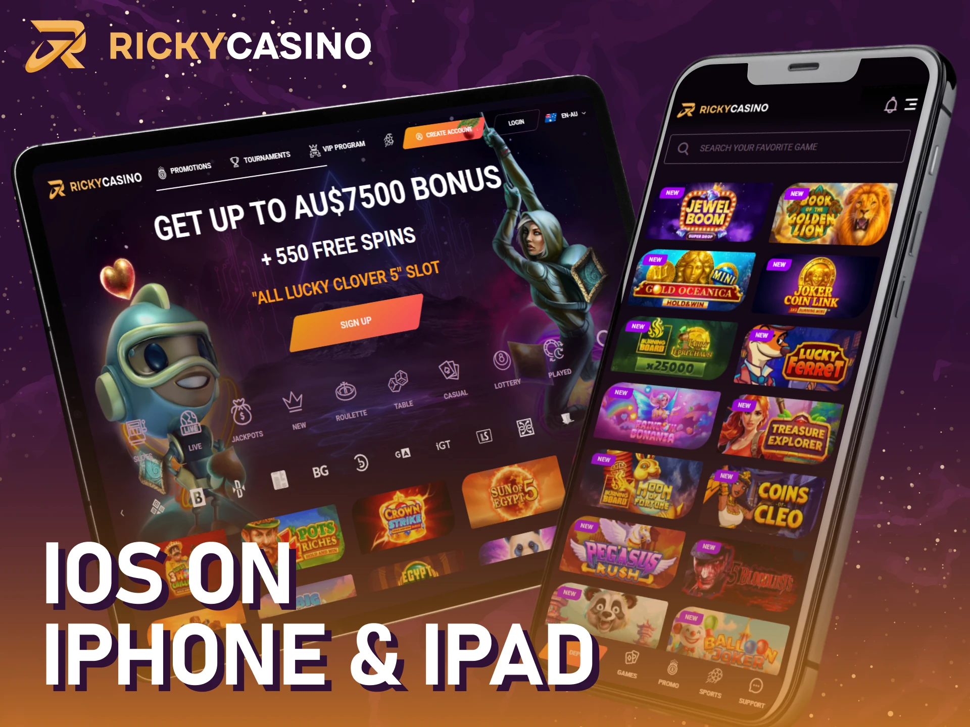 Install the Ricky casino app on your iOS device.