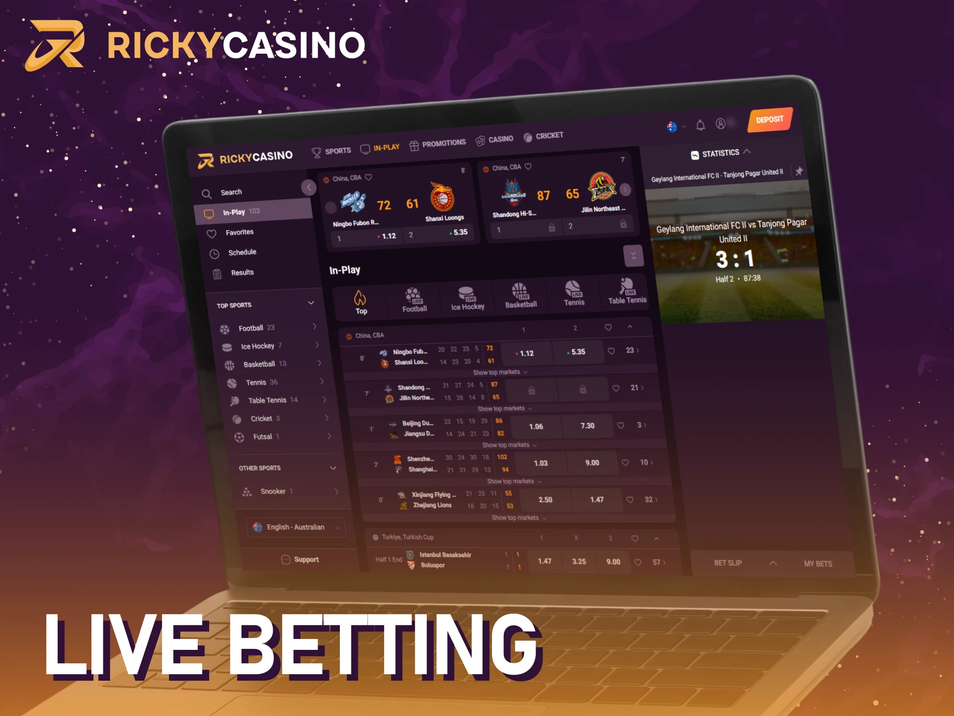 Place live in-play bets through the Ricky casino.