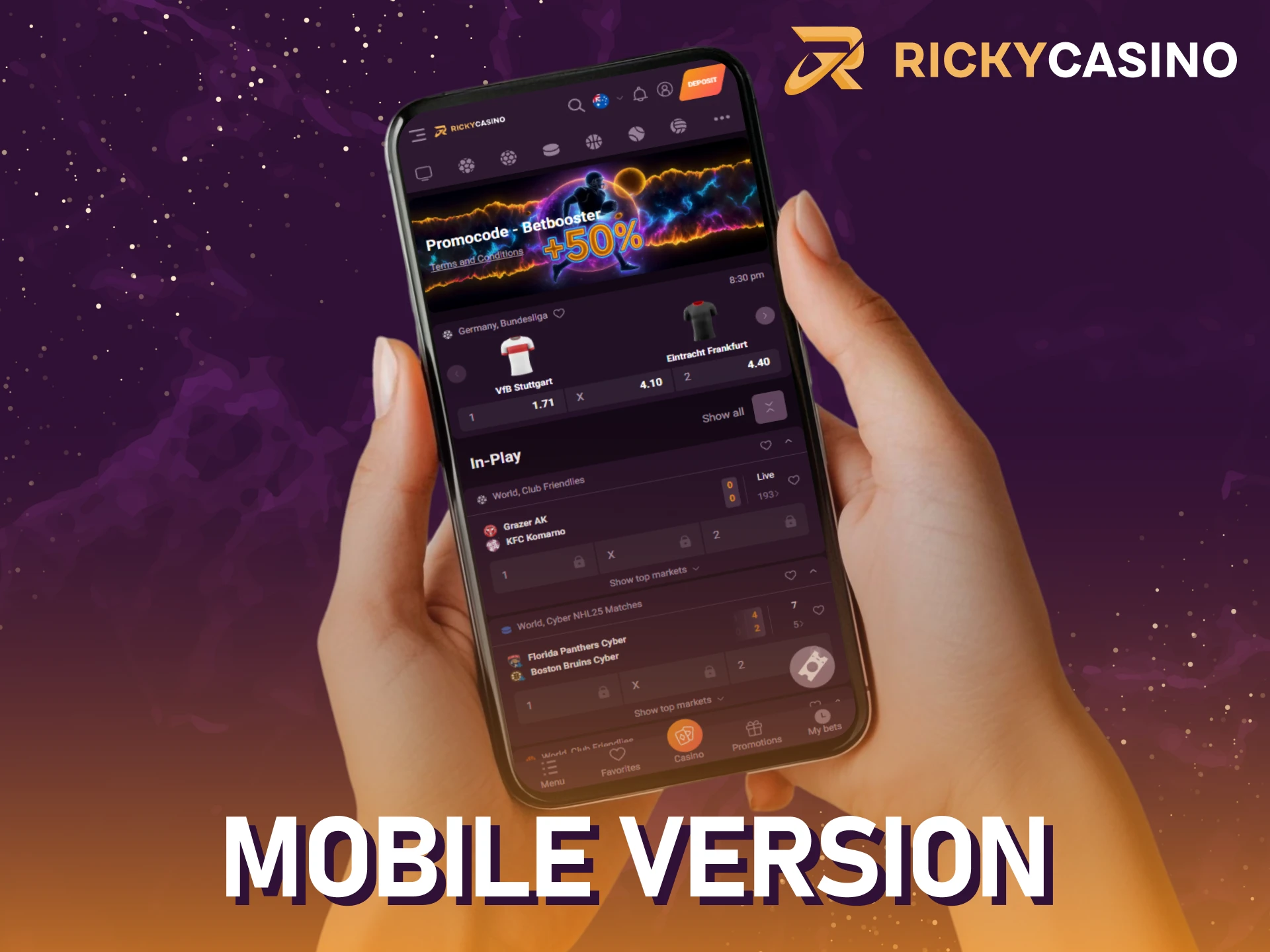 Browse the mobile website version app of the Ricky casino platform.