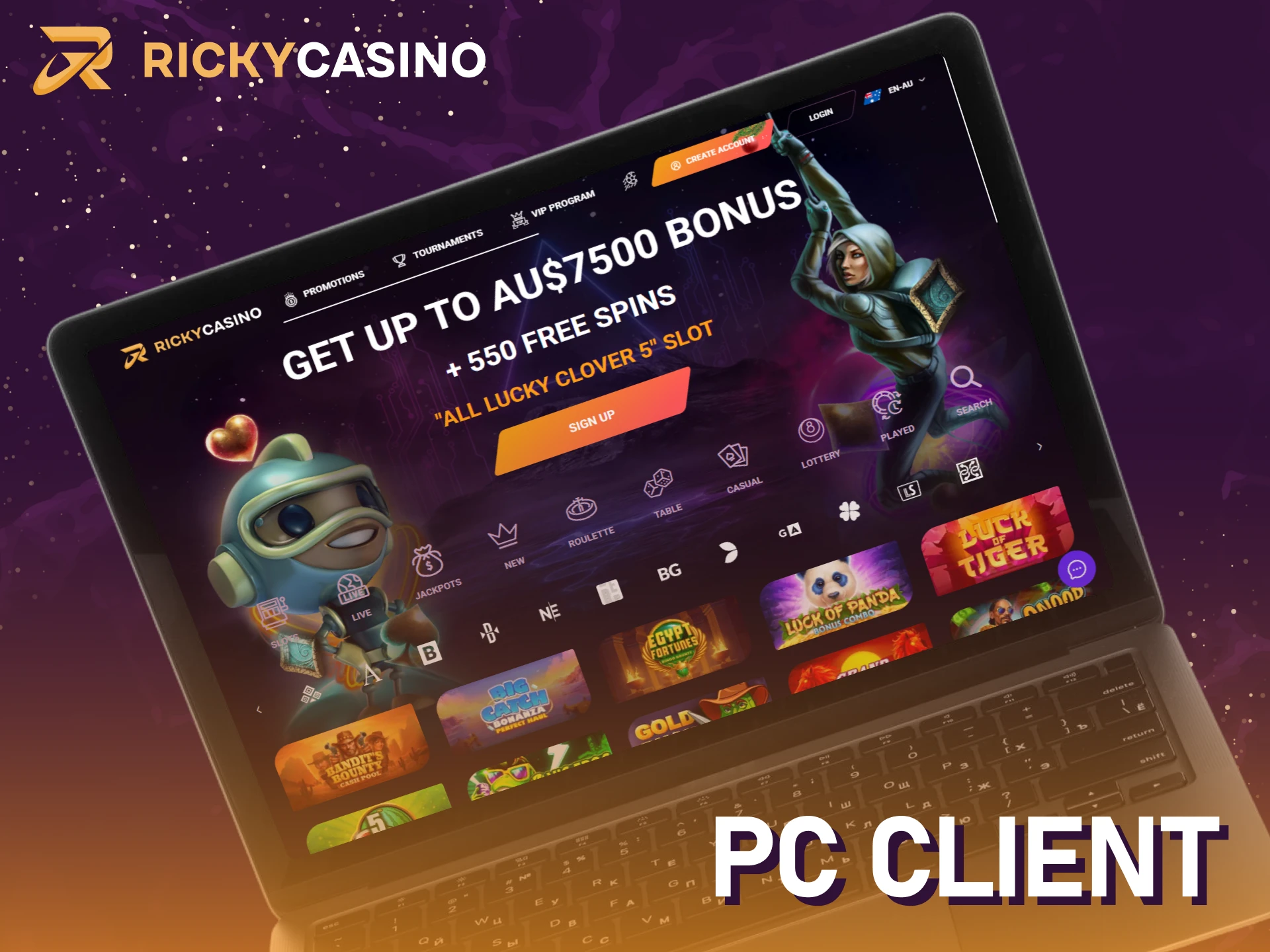 Set up the PC client app for Ricky casino on Windows and macOS.