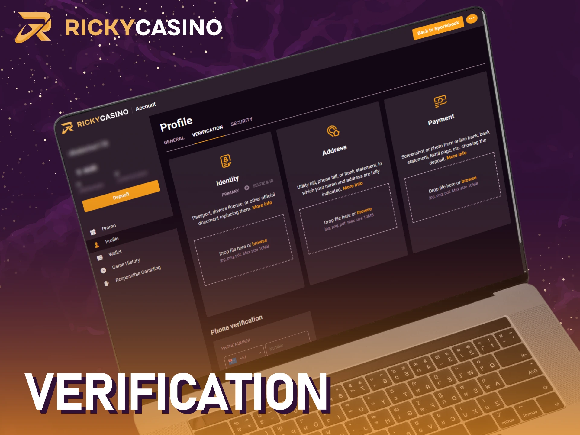 Complete account verification on the Ricky casino website.