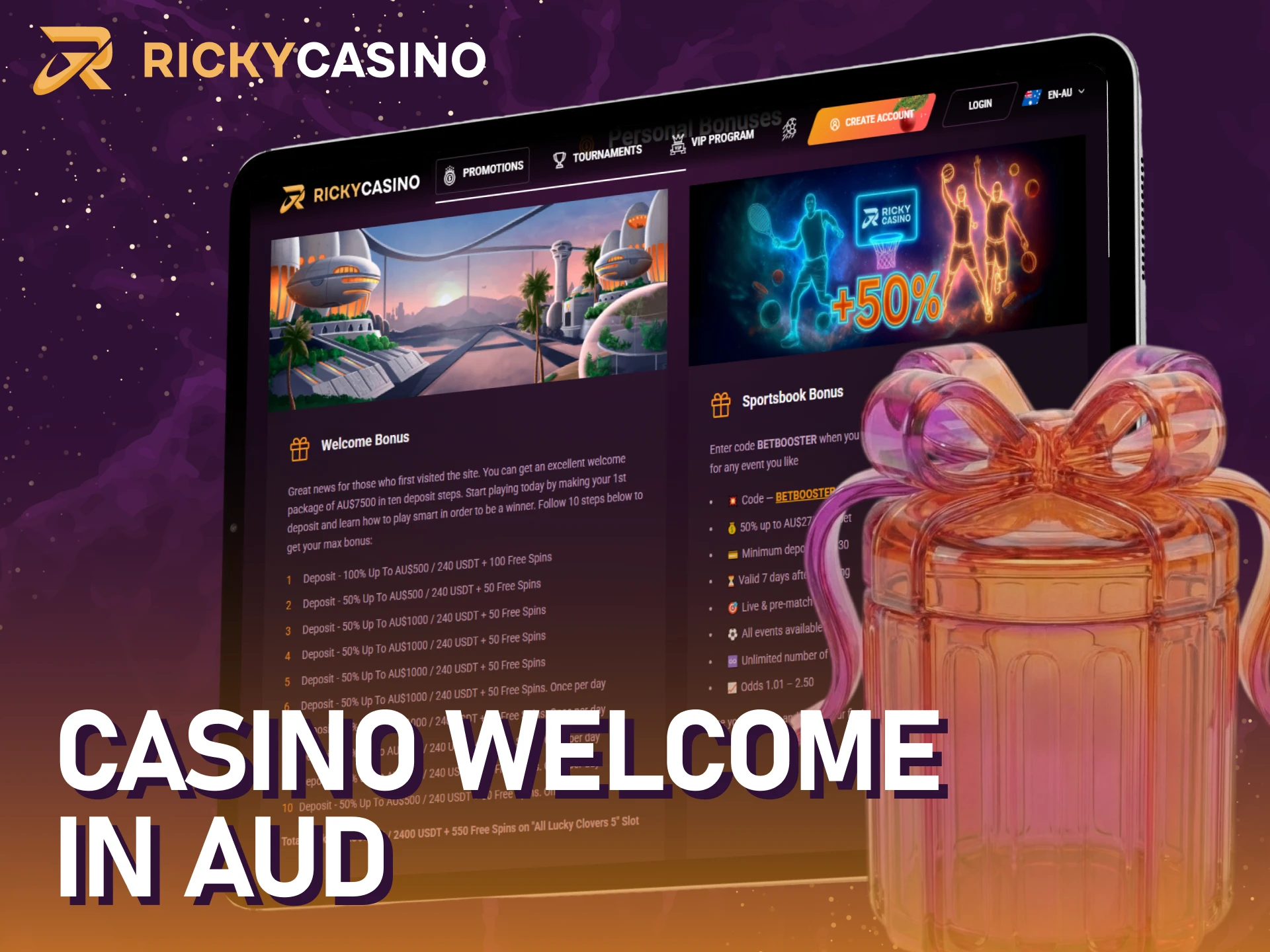 Claim your Ricky casino welcome bonus in AUD.