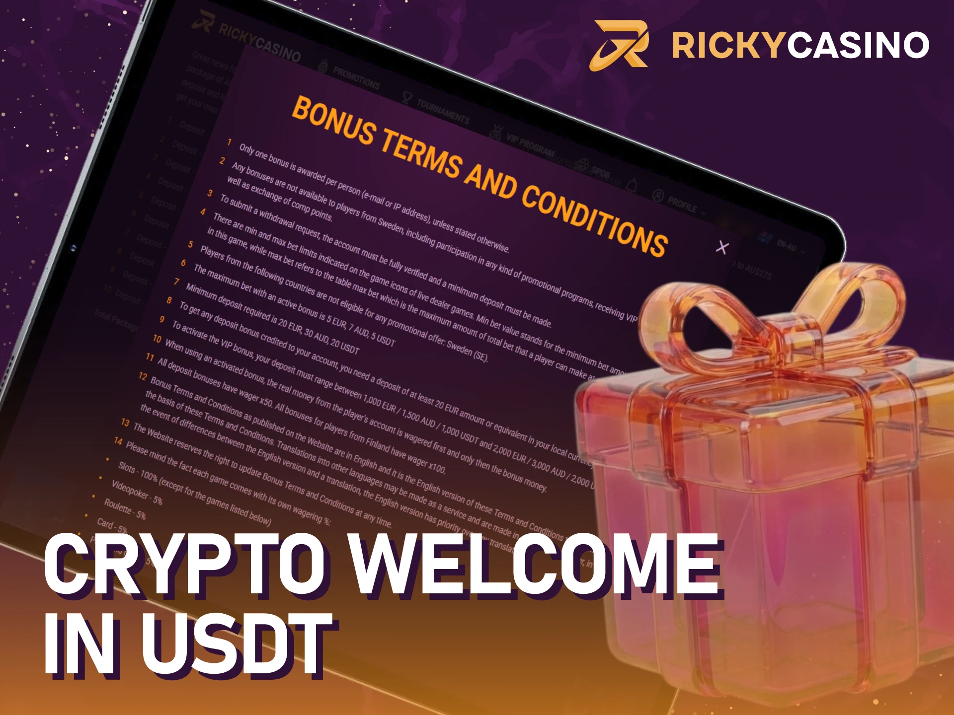 Get your crypto welcome bonus in USDT for new Ricky casino players.