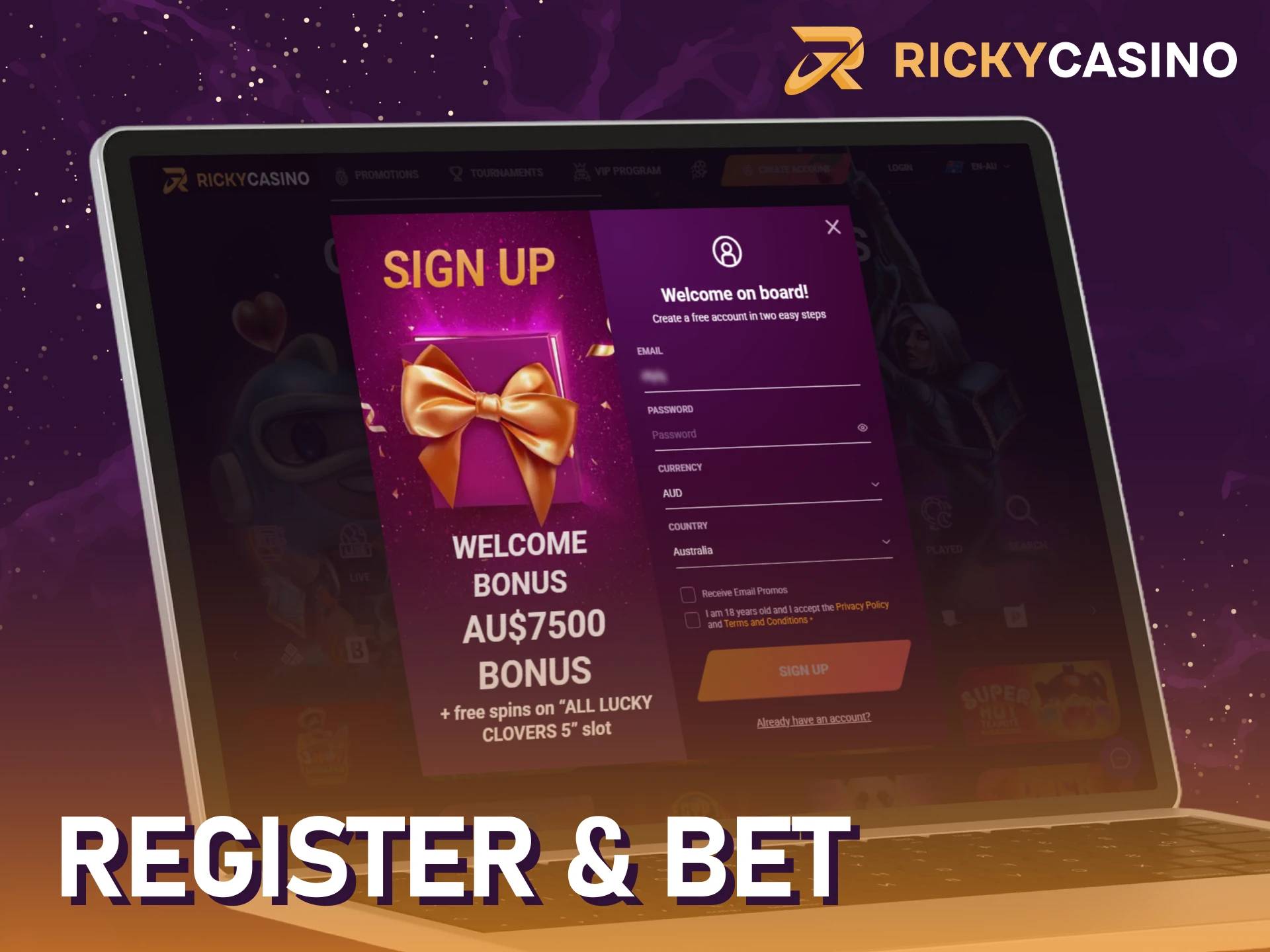 Register in the desktop app and start betting at Ricky casino in Australia.