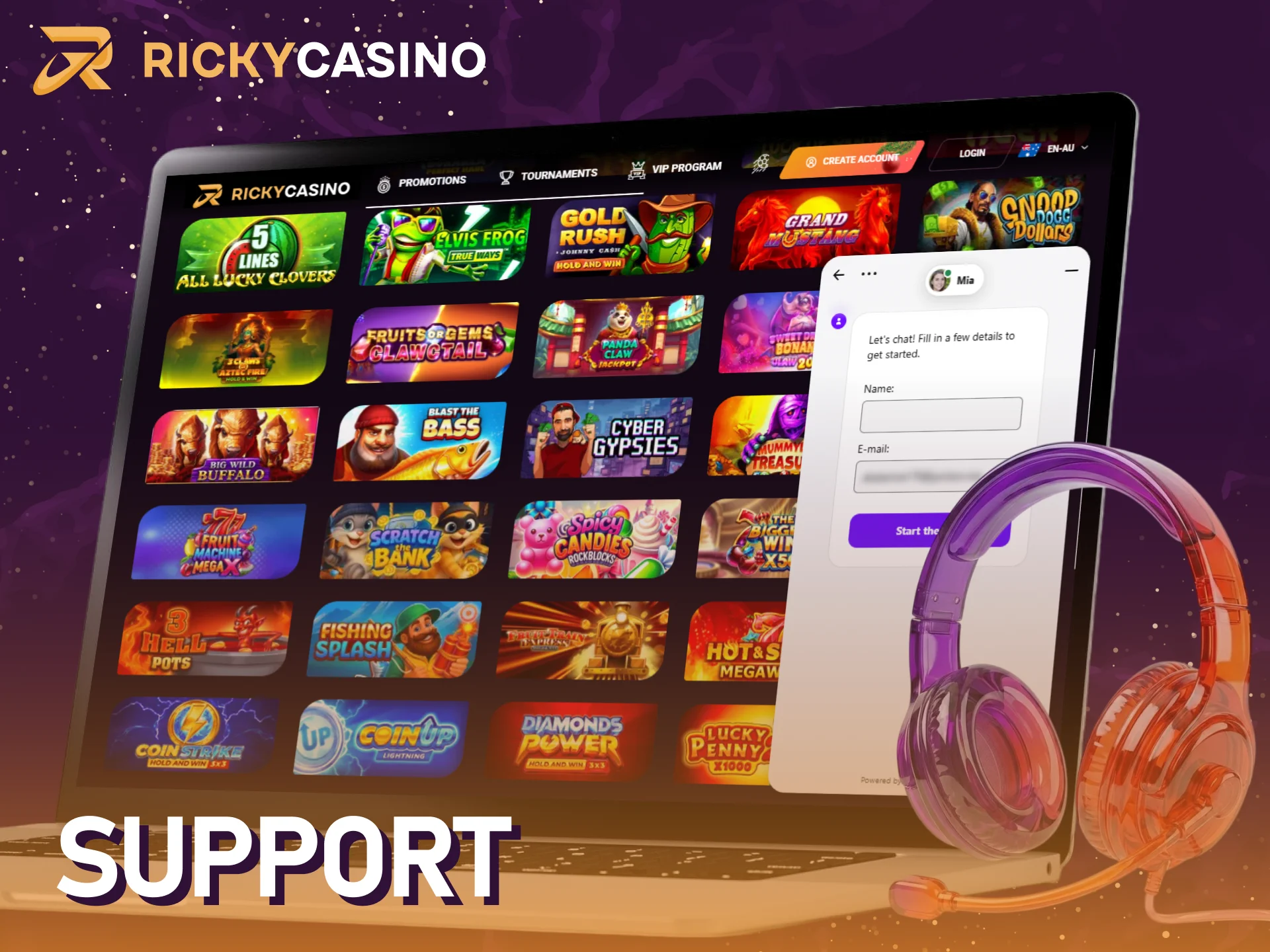 Get support for desktop players in the Ricky casino app.