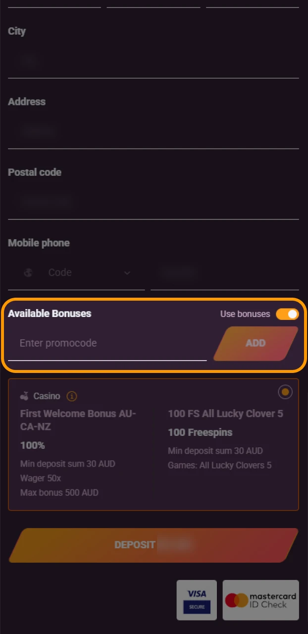Type the unique combination to activate your Ricky casino bonus code.