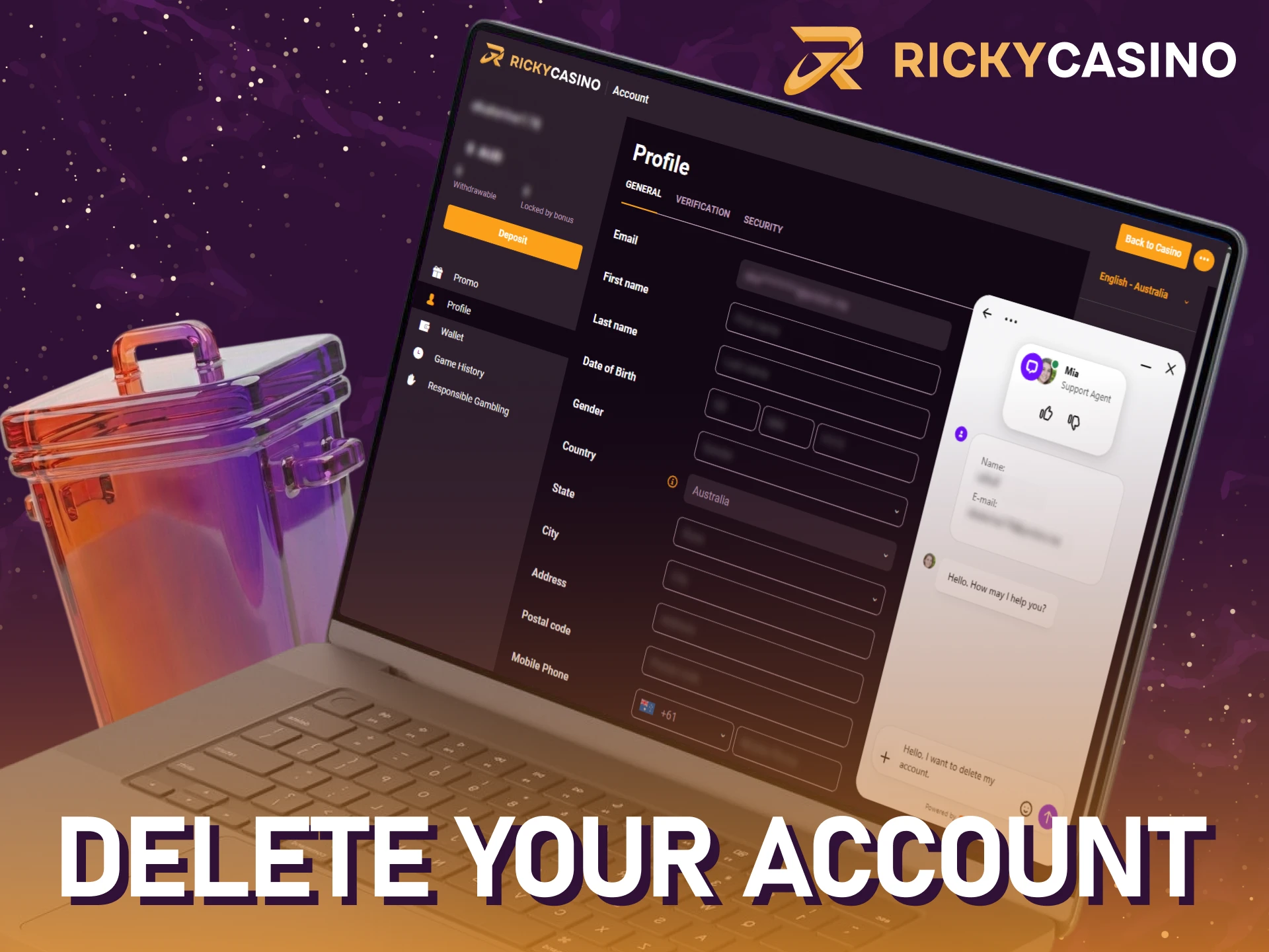 Learn how to delete your account at Ricky casino if needed.