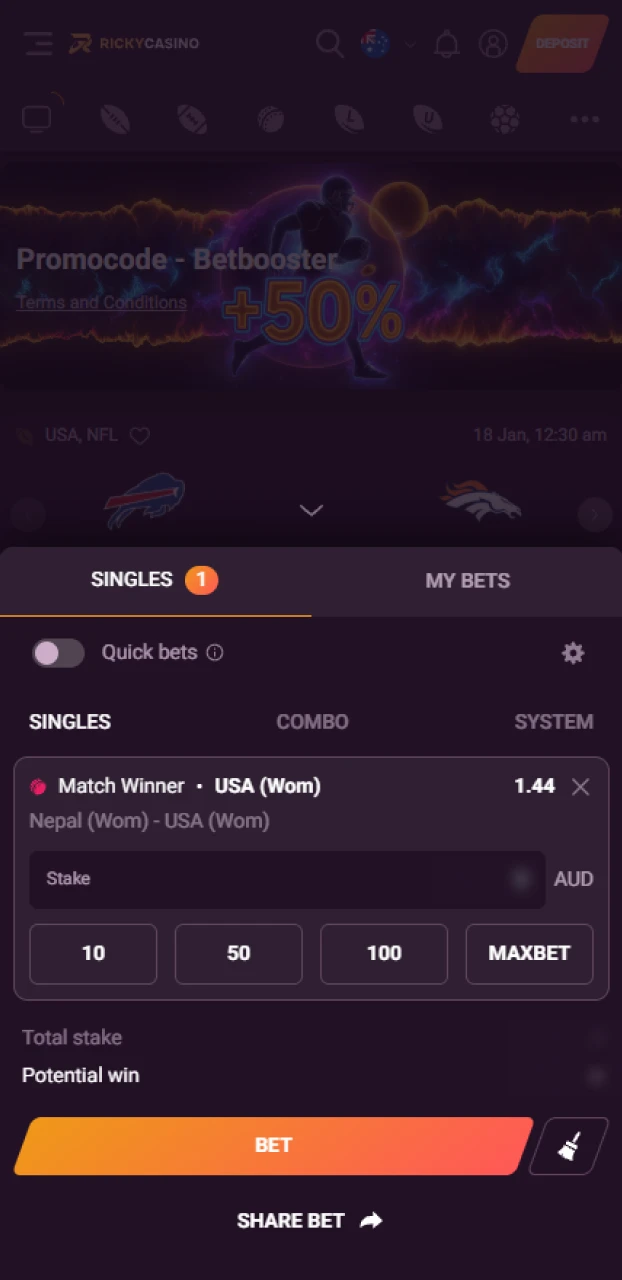 Bet your favorite games and matches and win at Ricky casino in Australia.