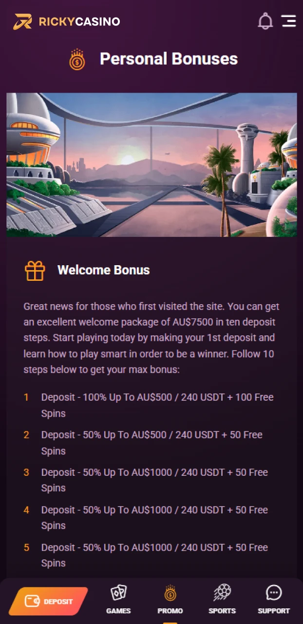Select the welcome bonus from the available Ricky casino offers.