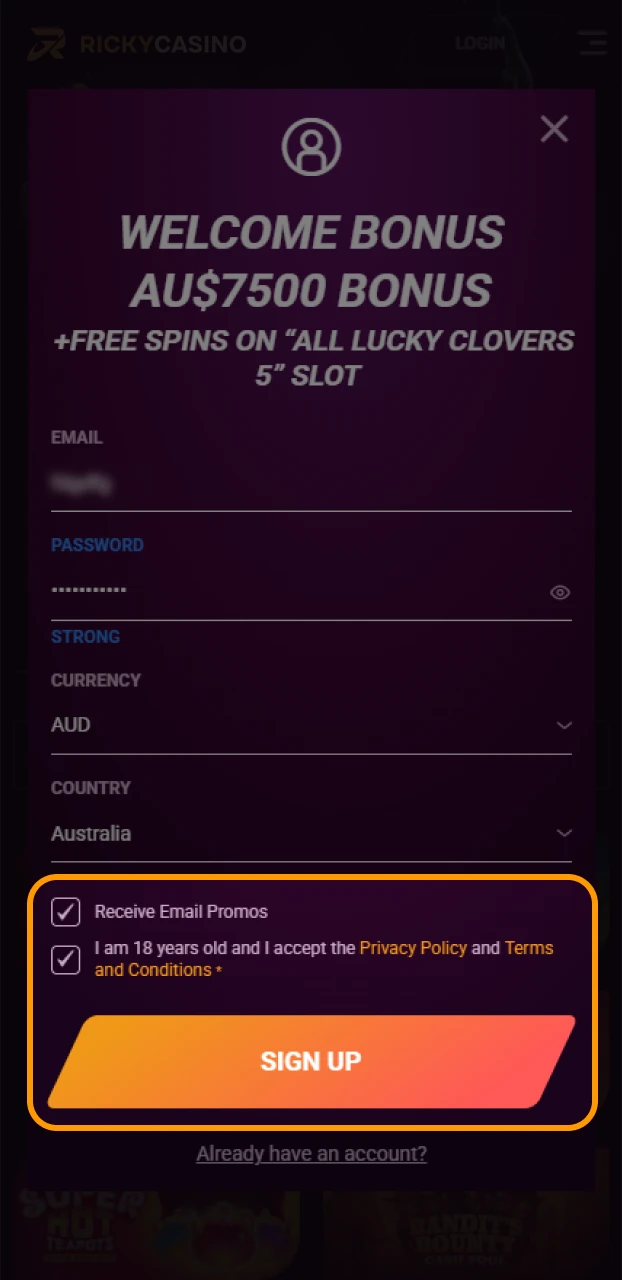 Finish signing up at Ricky casino.