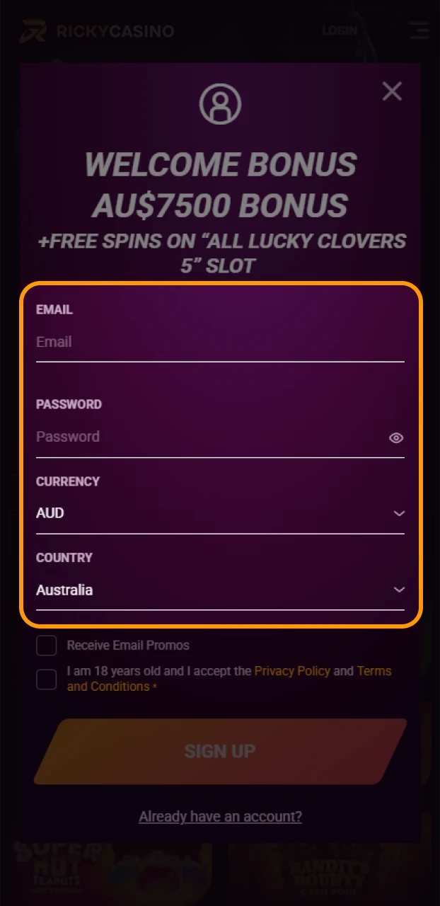 Enter your personal details to create a Ricky casino profile.