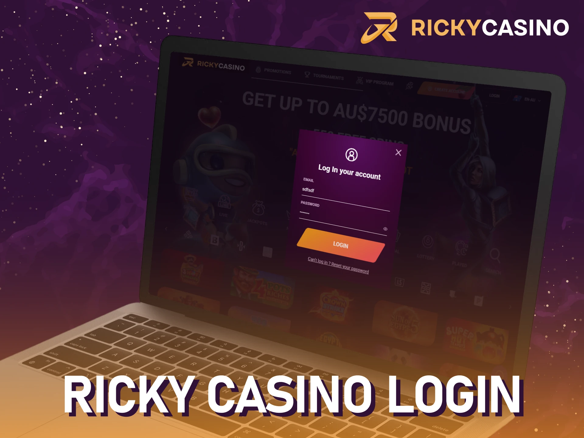 Log in to your Ricky casino profile after registration.