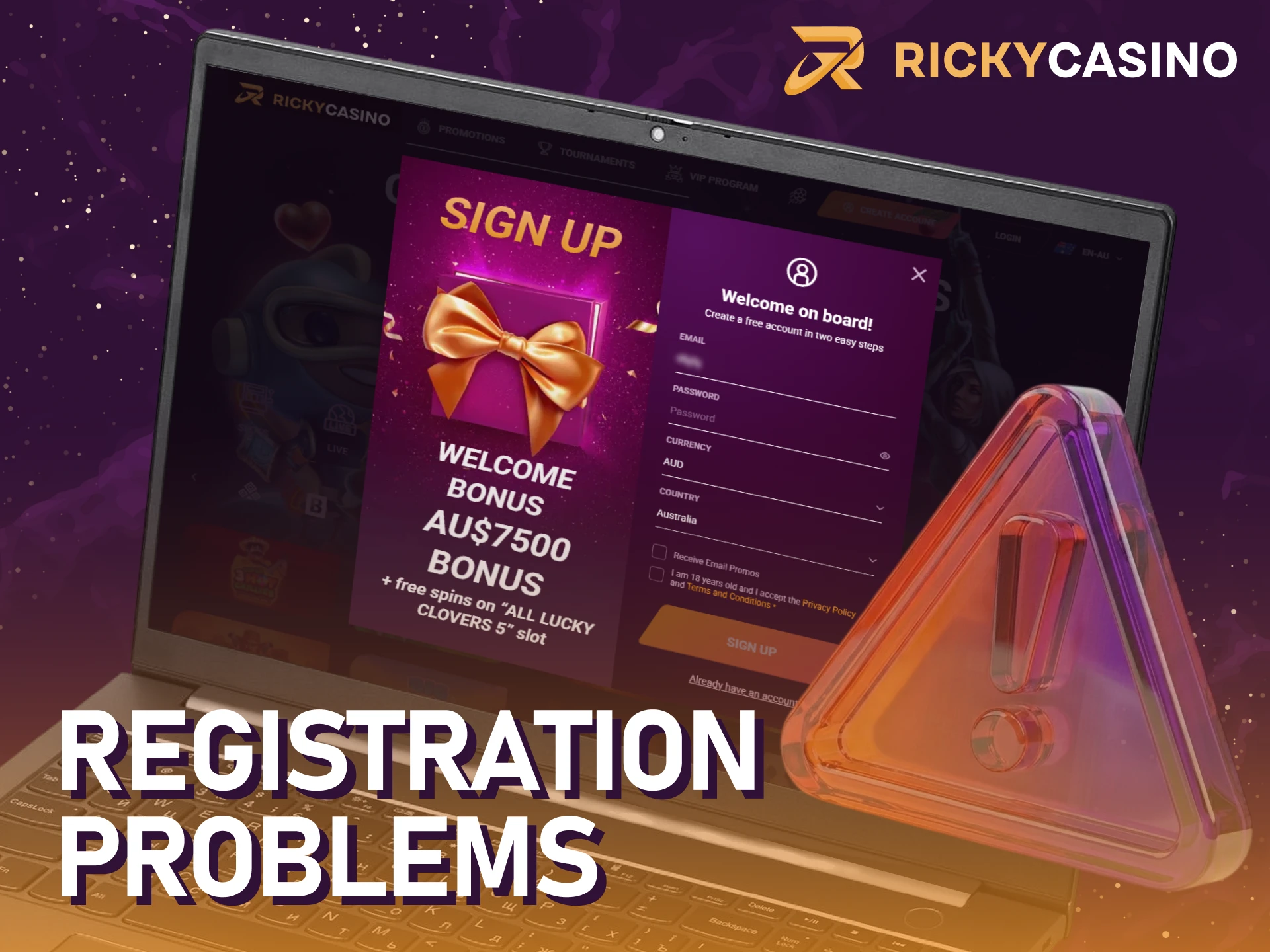 Solve common problems during registration at Ricky casino in Australia.