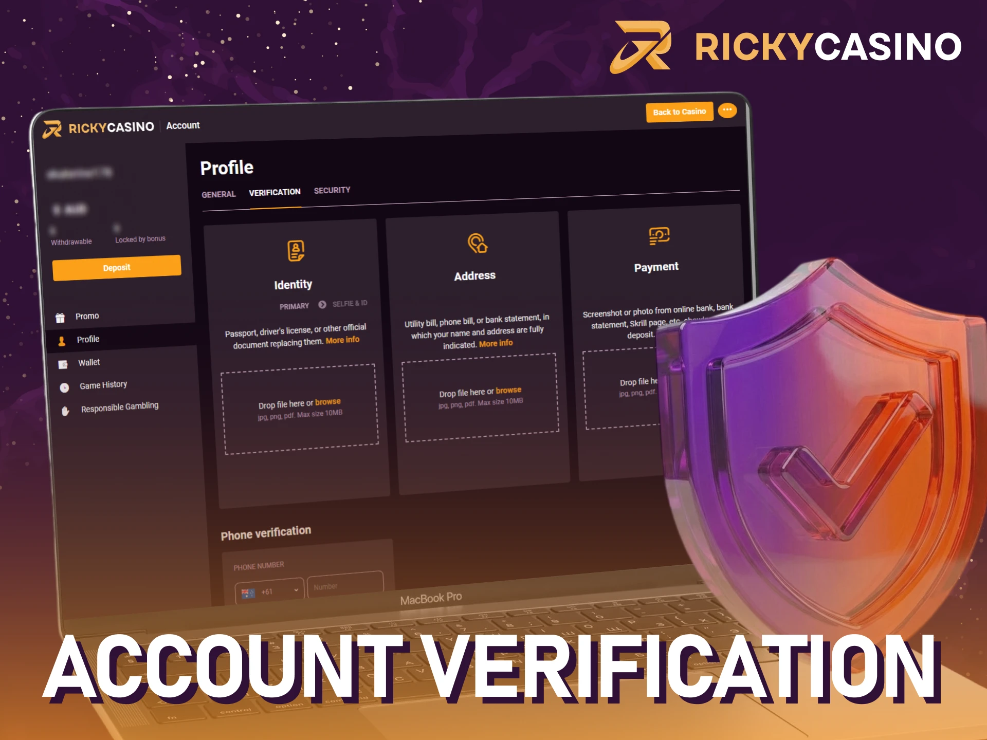 Complete the account verification process at Ricky casino.