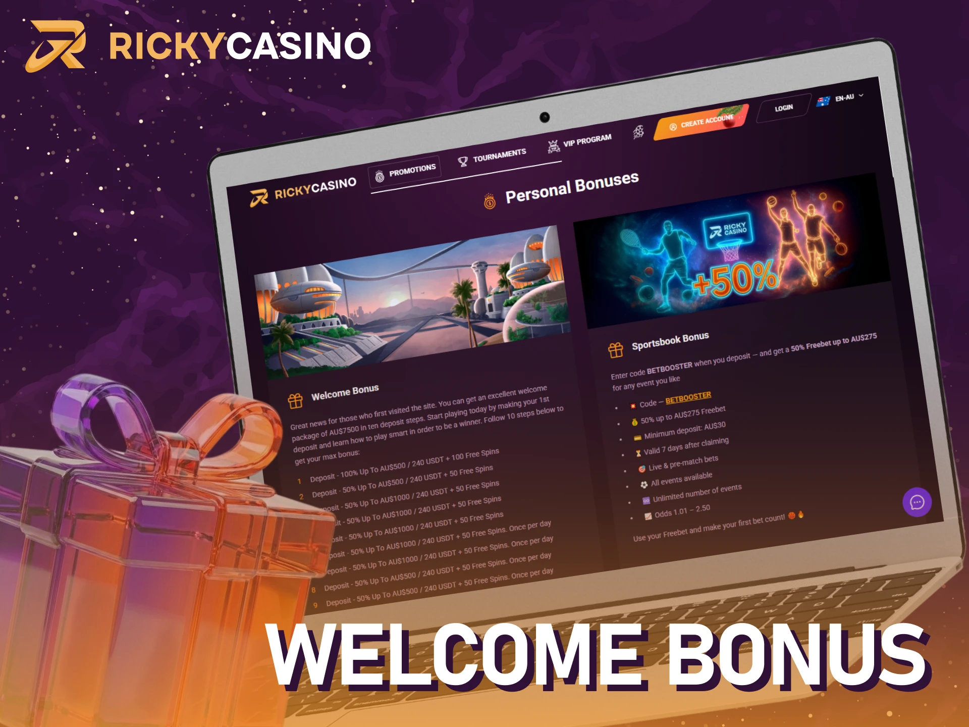 Claim your welcome bonus after signing up at Ricky casino.