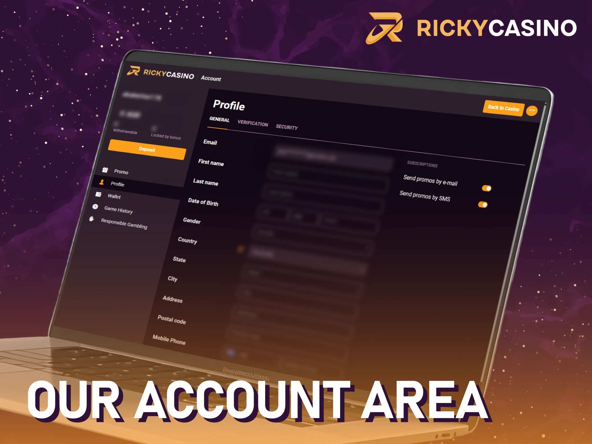 Navigate through your account area after your Ricky casino sign up.