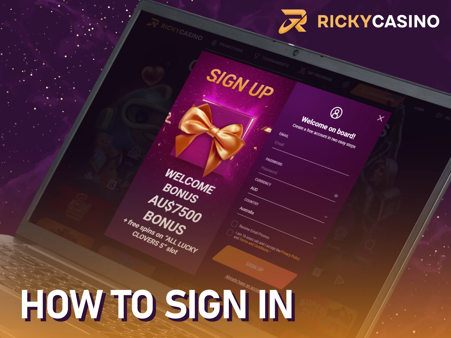 Enter your details to sign in to the Ricky casino sign up.