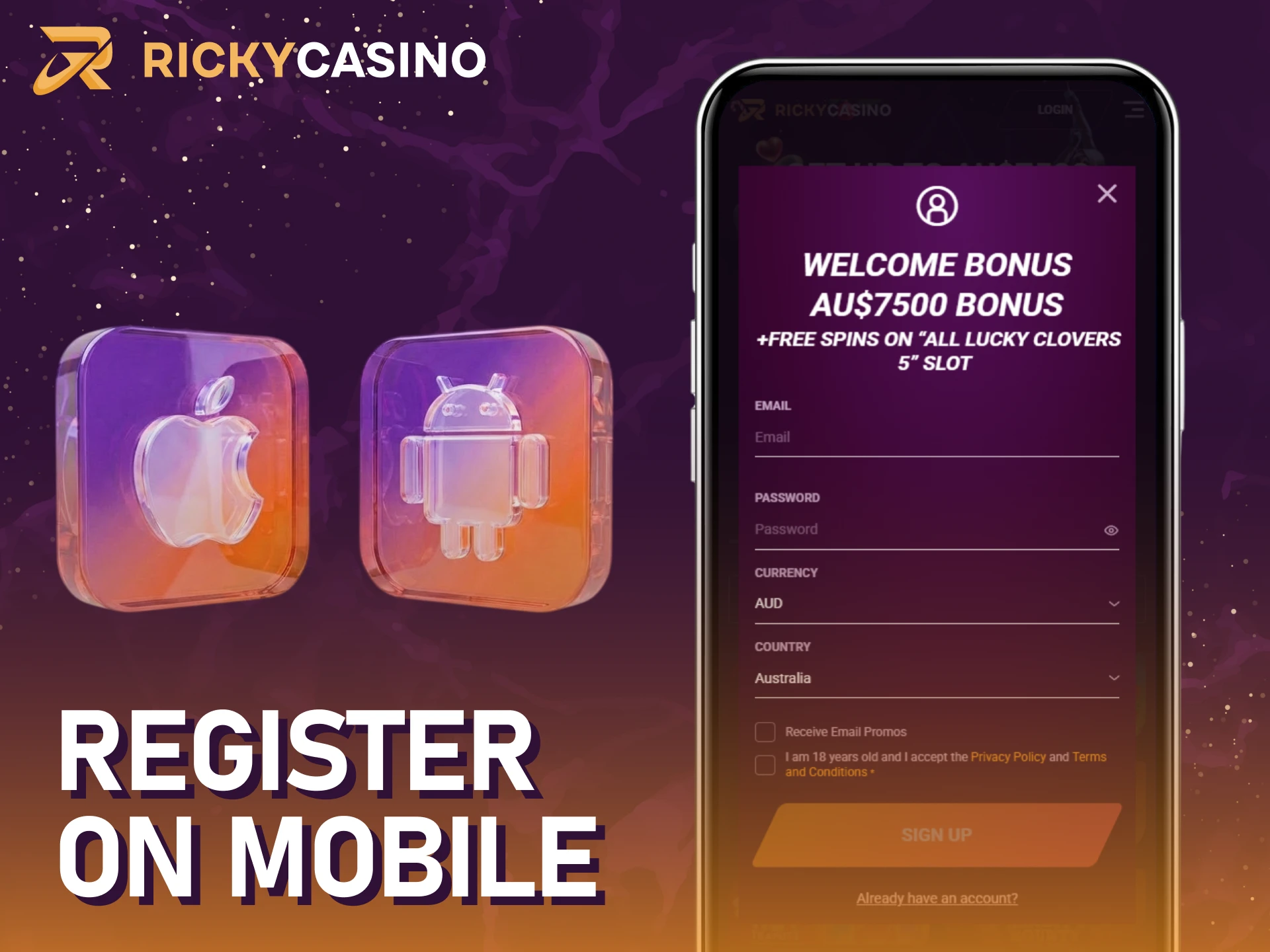 Follow the app steps to register for a Ricky casino sign up on mobile.