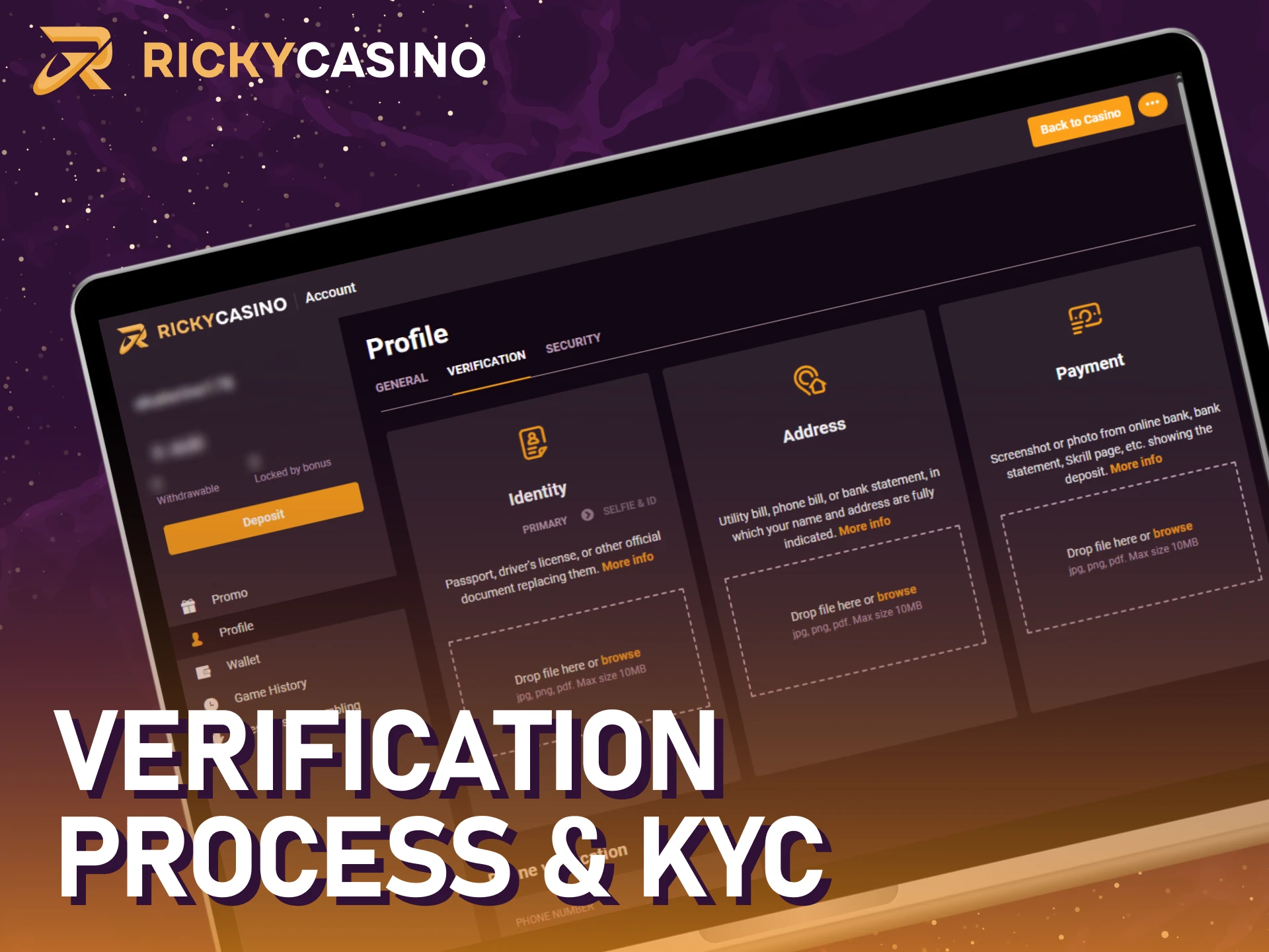 Finish the verification and kyc process in Ricky casino.