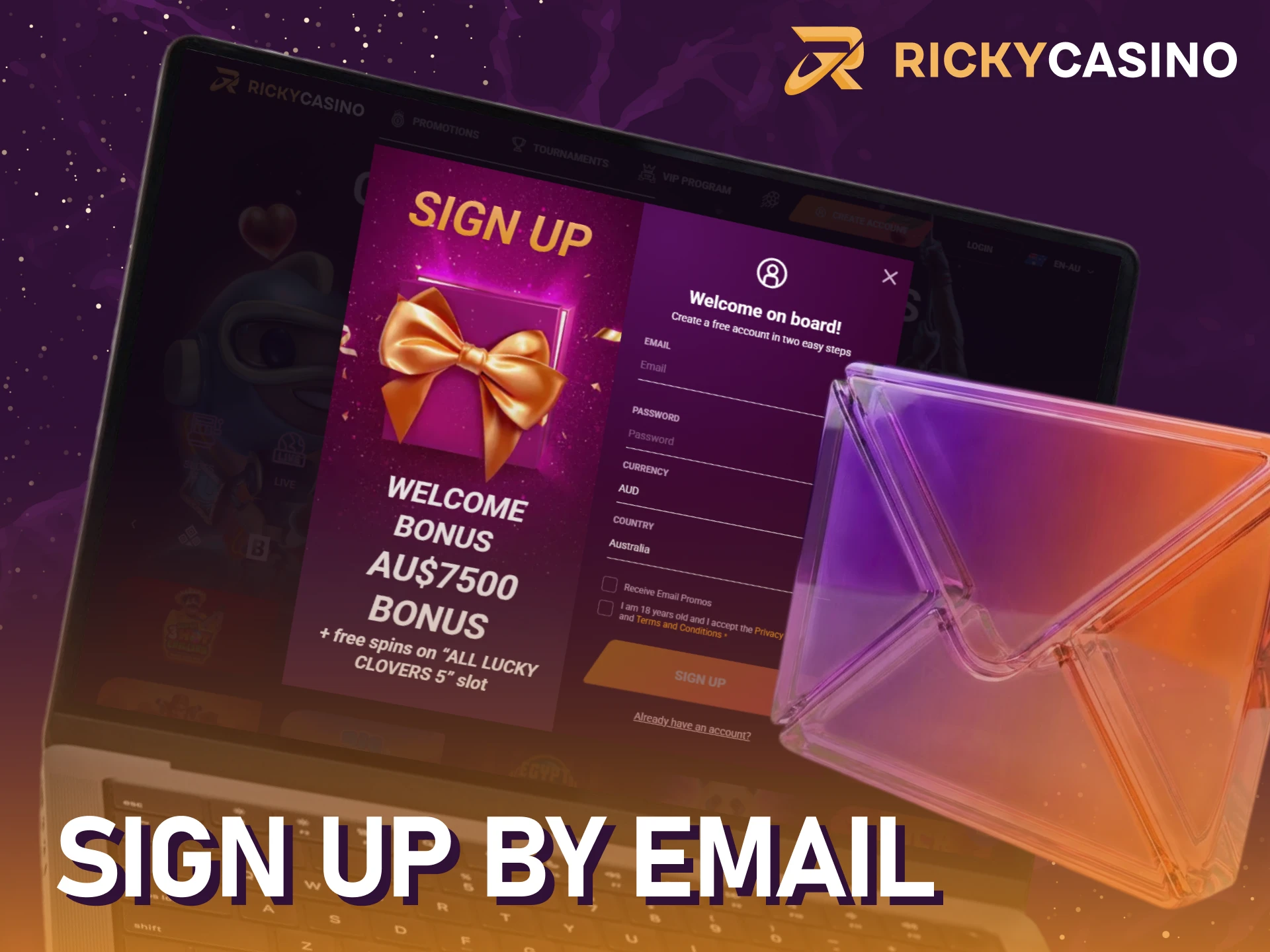 Complete your email register for a Ricky casino sign up.