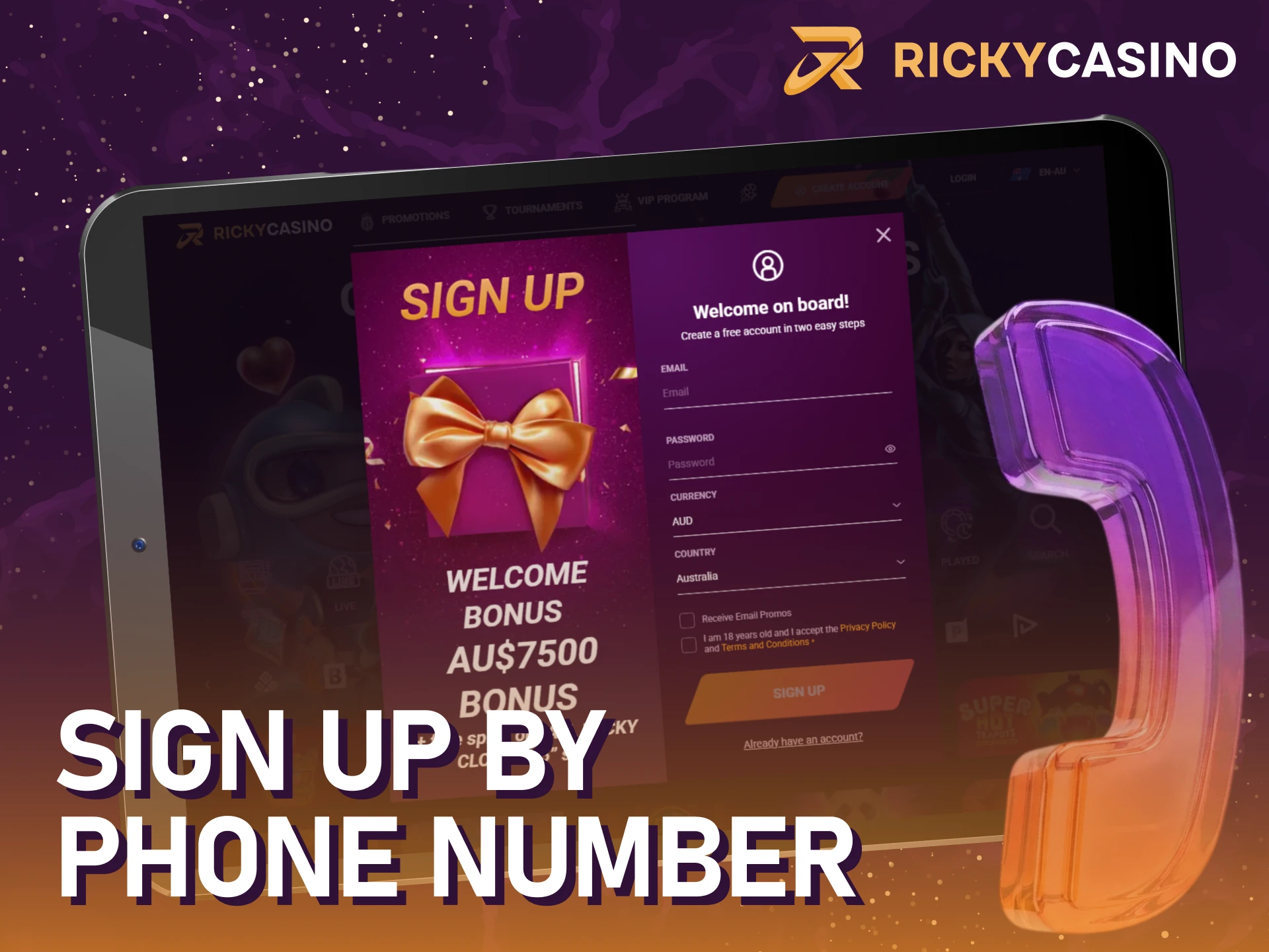 Use your phone number to register for a Ricky casino sign up.