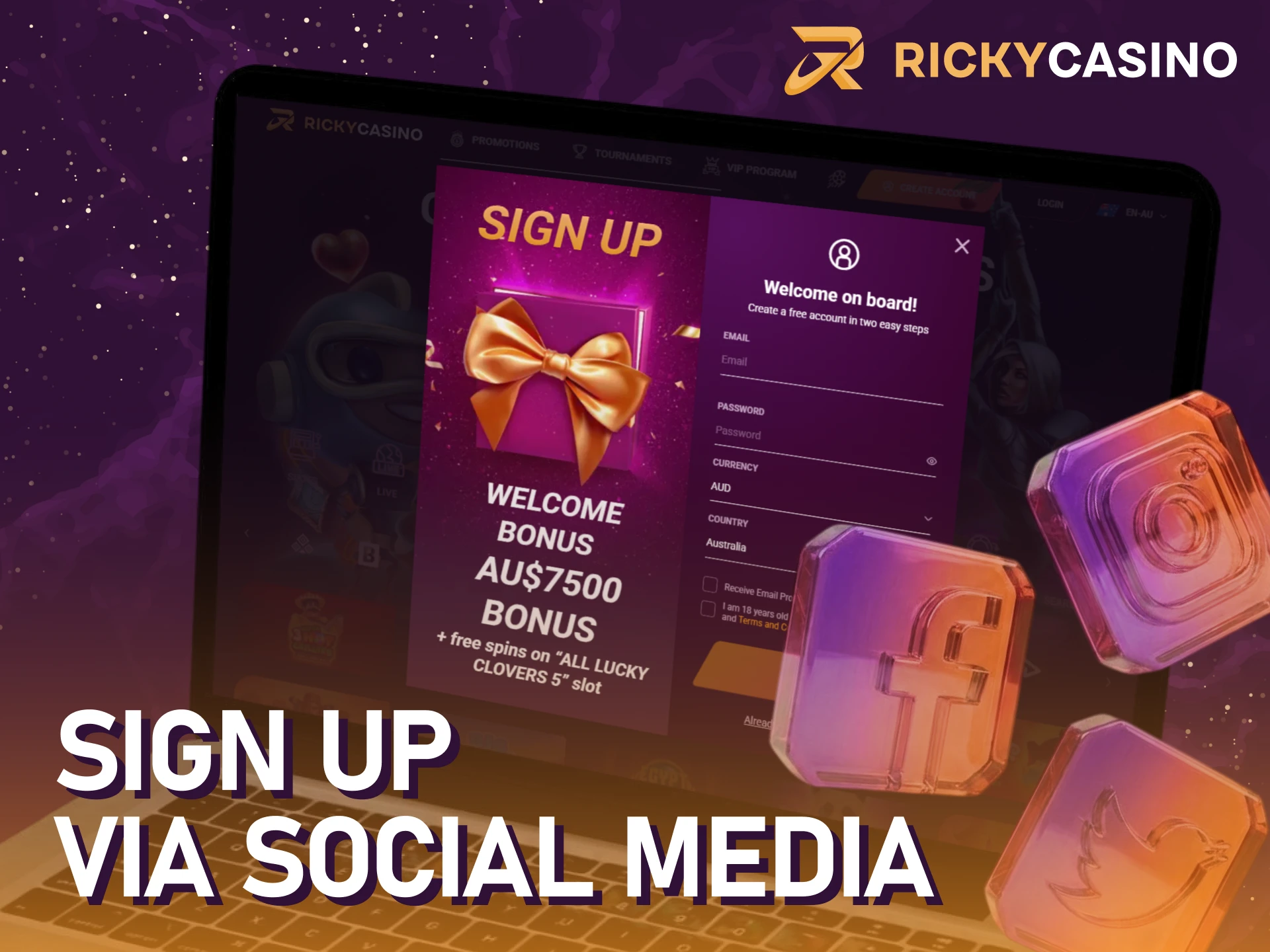 Use social media to register for a Ricky casino sign up quickly.