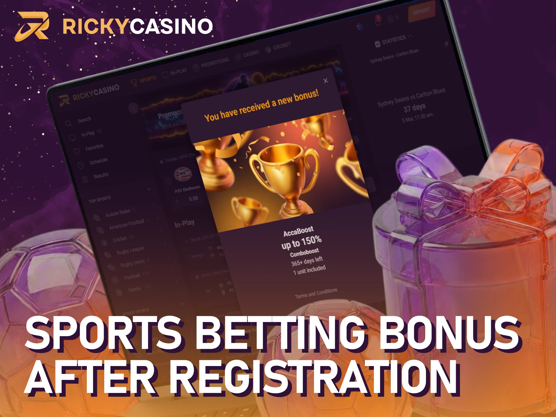 Activate a sports betting bonus with your Ricky casino sign up offers.