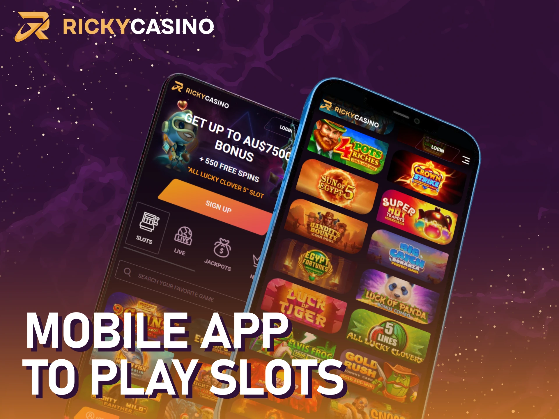 Install the official Ricky casino App to play slots on your mobile.