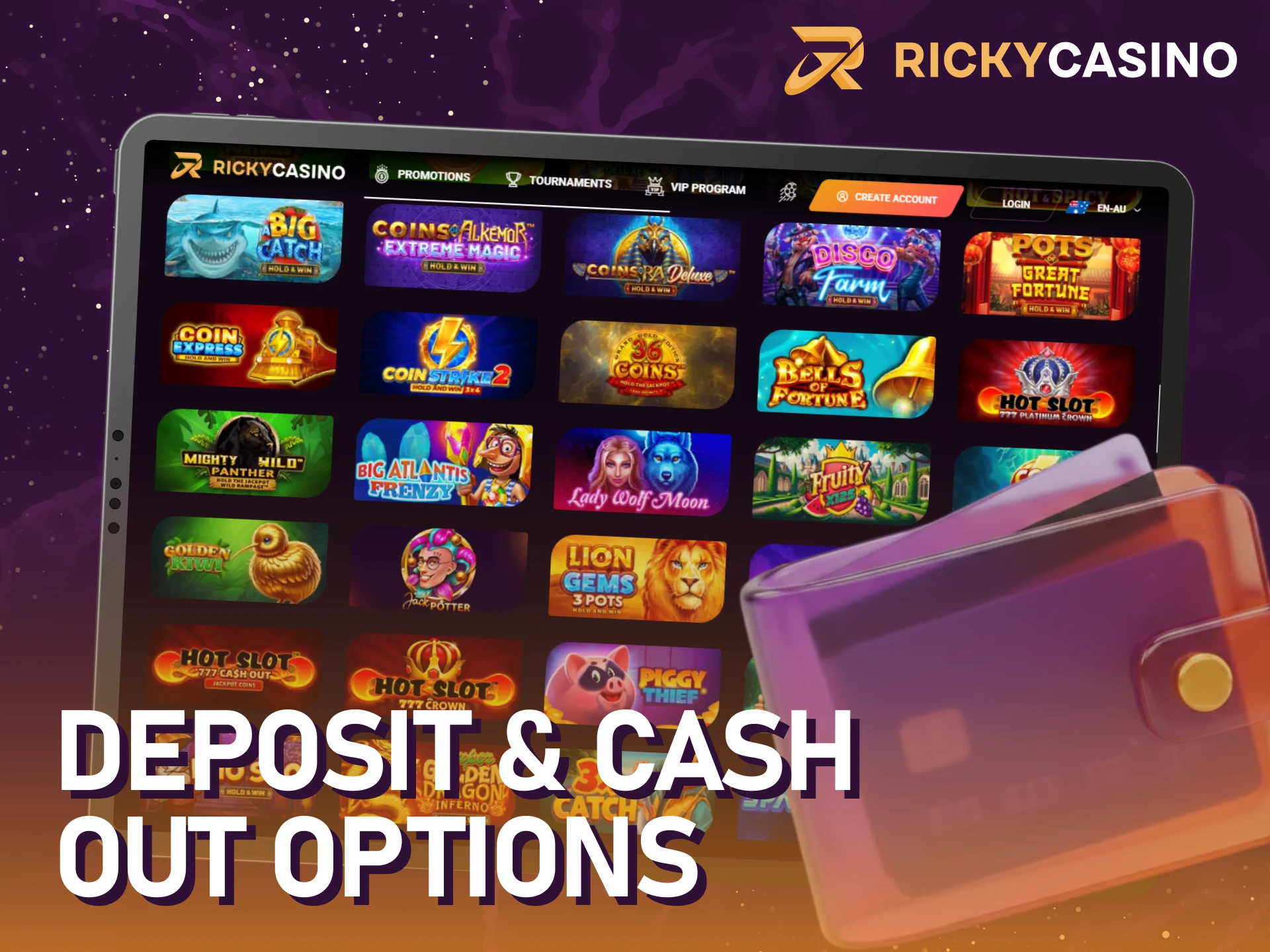 Choose reliable payment methods to fund your Ricky casino slots account.