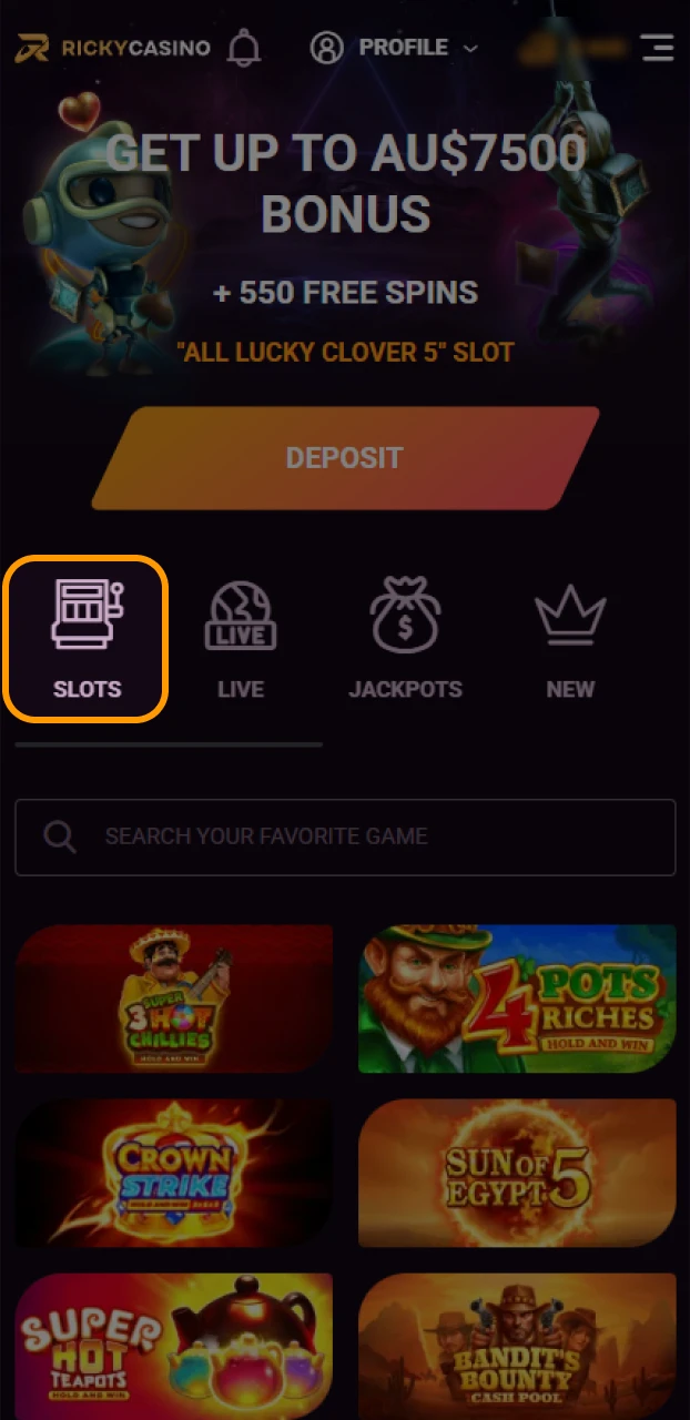 Visit the specialized lobby to browse all available Ricky casino slots.