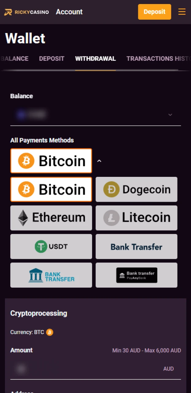 Monitor your winnings and cash out from your Ricky casino slots.