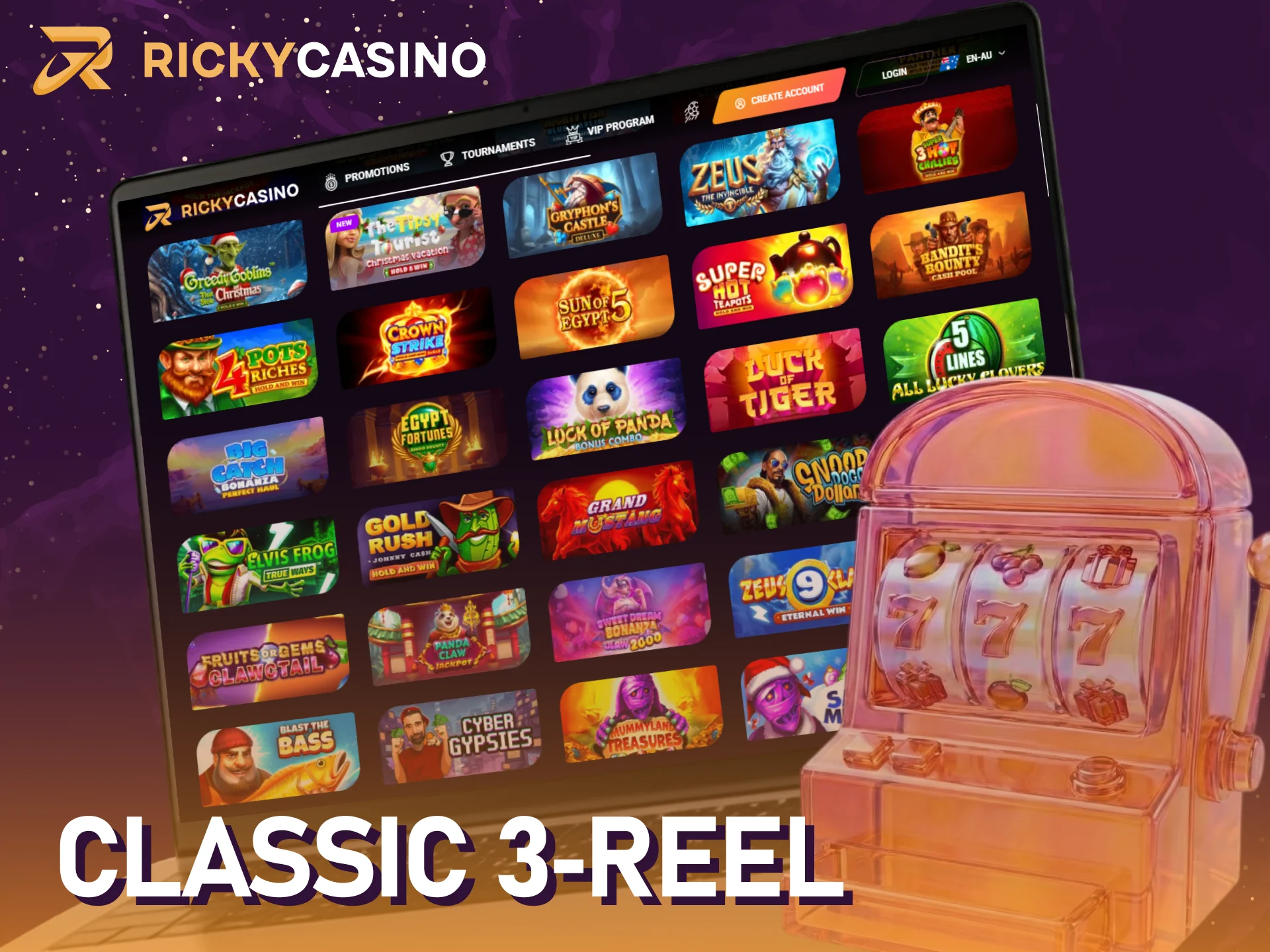 Spin classic 3-reel Ricky casino slots for a traditional gambling feel.