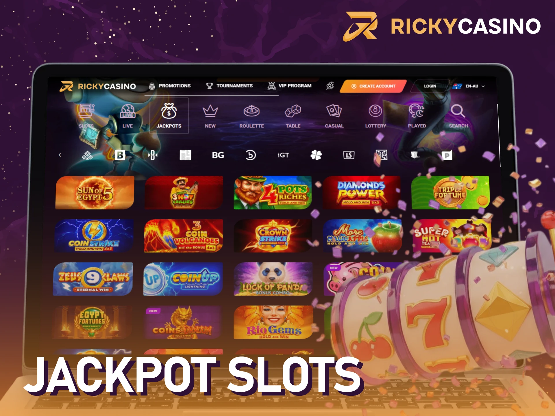 Try your luck with jackpot Ricky casino slots and hit the grand prize.