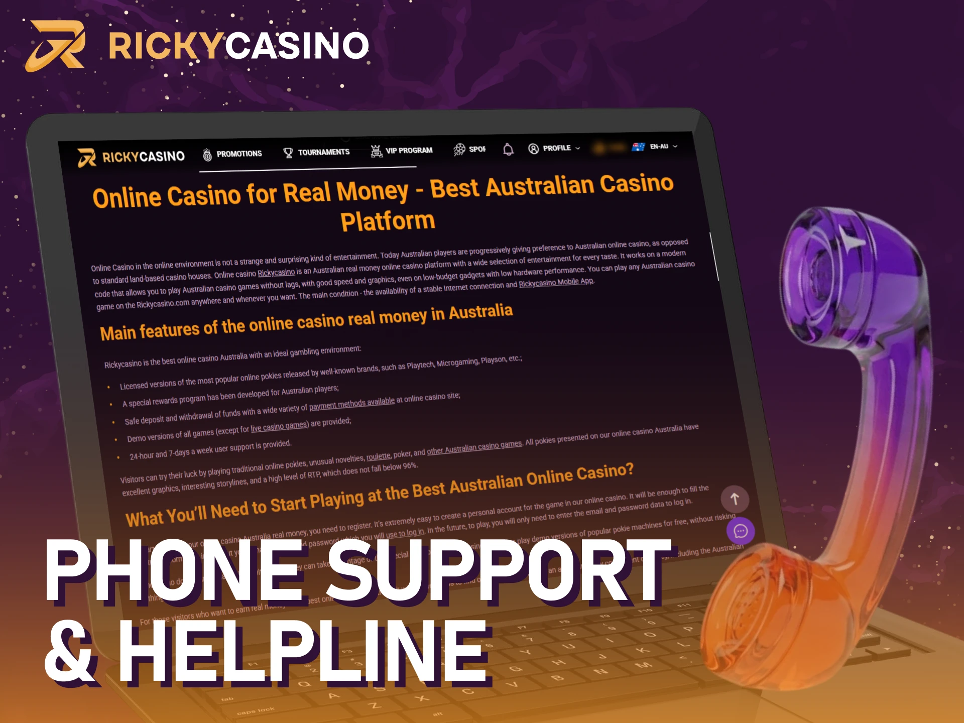 Call the Australian helpline for direct support provided by Ricky casino.