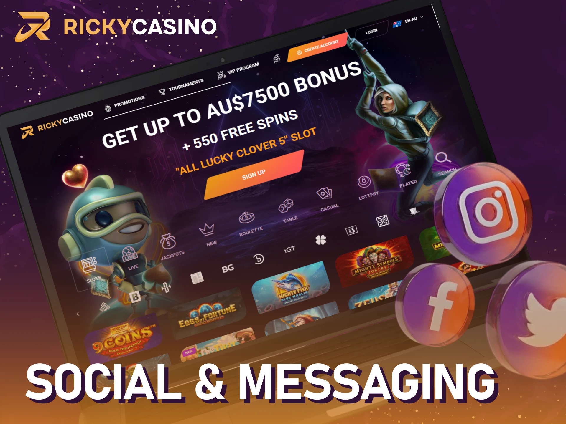 Use official social messaging apps to contact support at Ricky casino.