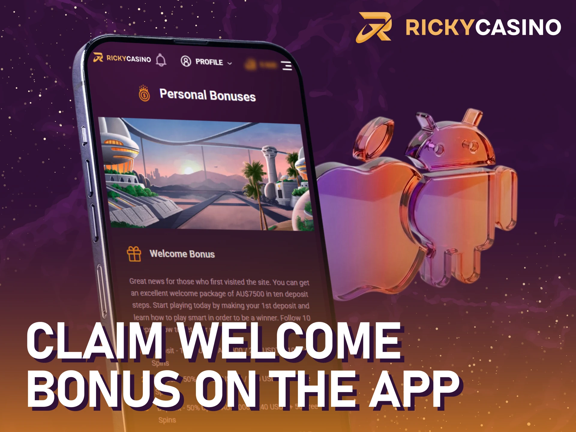 Download the mobile app to activate your Ricky casino welcome bonus.