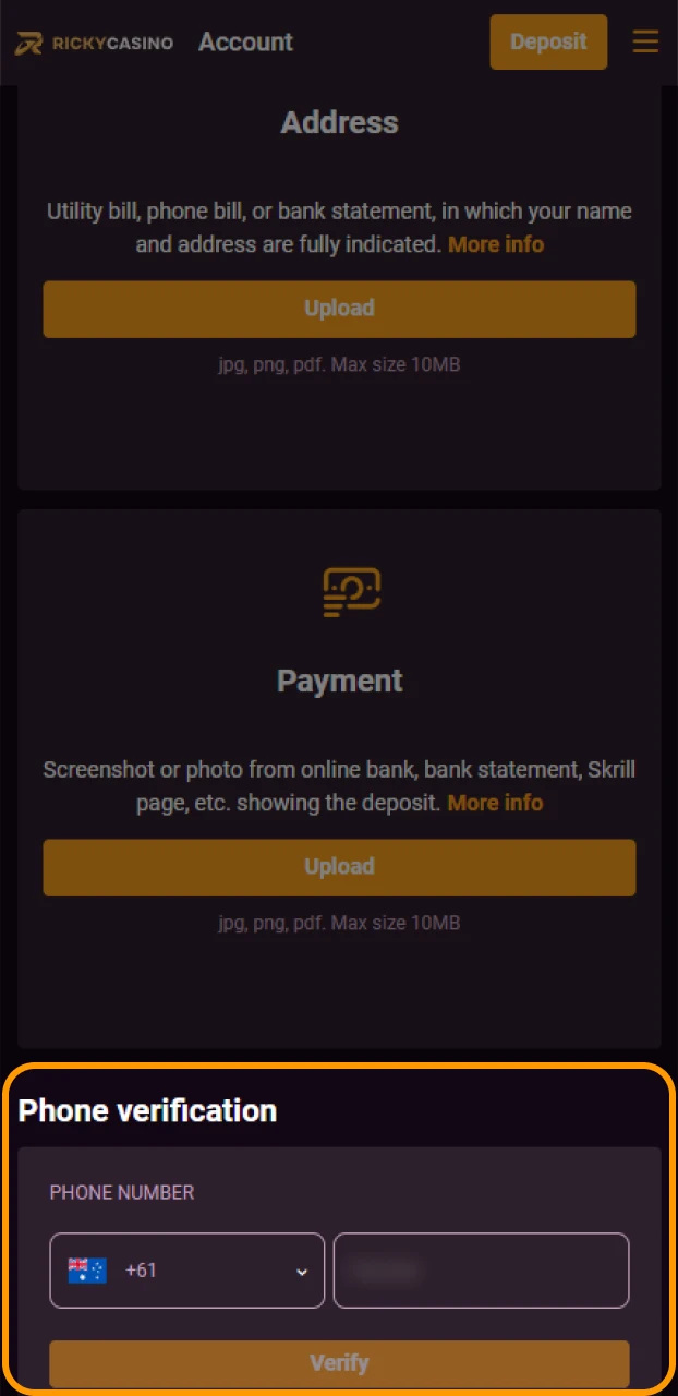 Confirm your contact details to qualify for the Ricky casino sign-up bonus.