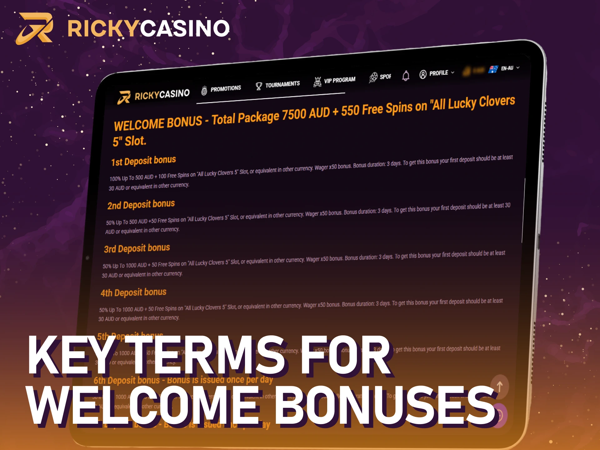 Review the key terms and conditions for your Ricky casino welcome bonus.