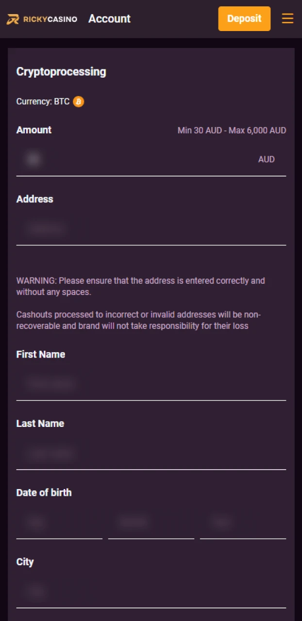 Input the payout sum and required data for your Ricky casino withdrawal.