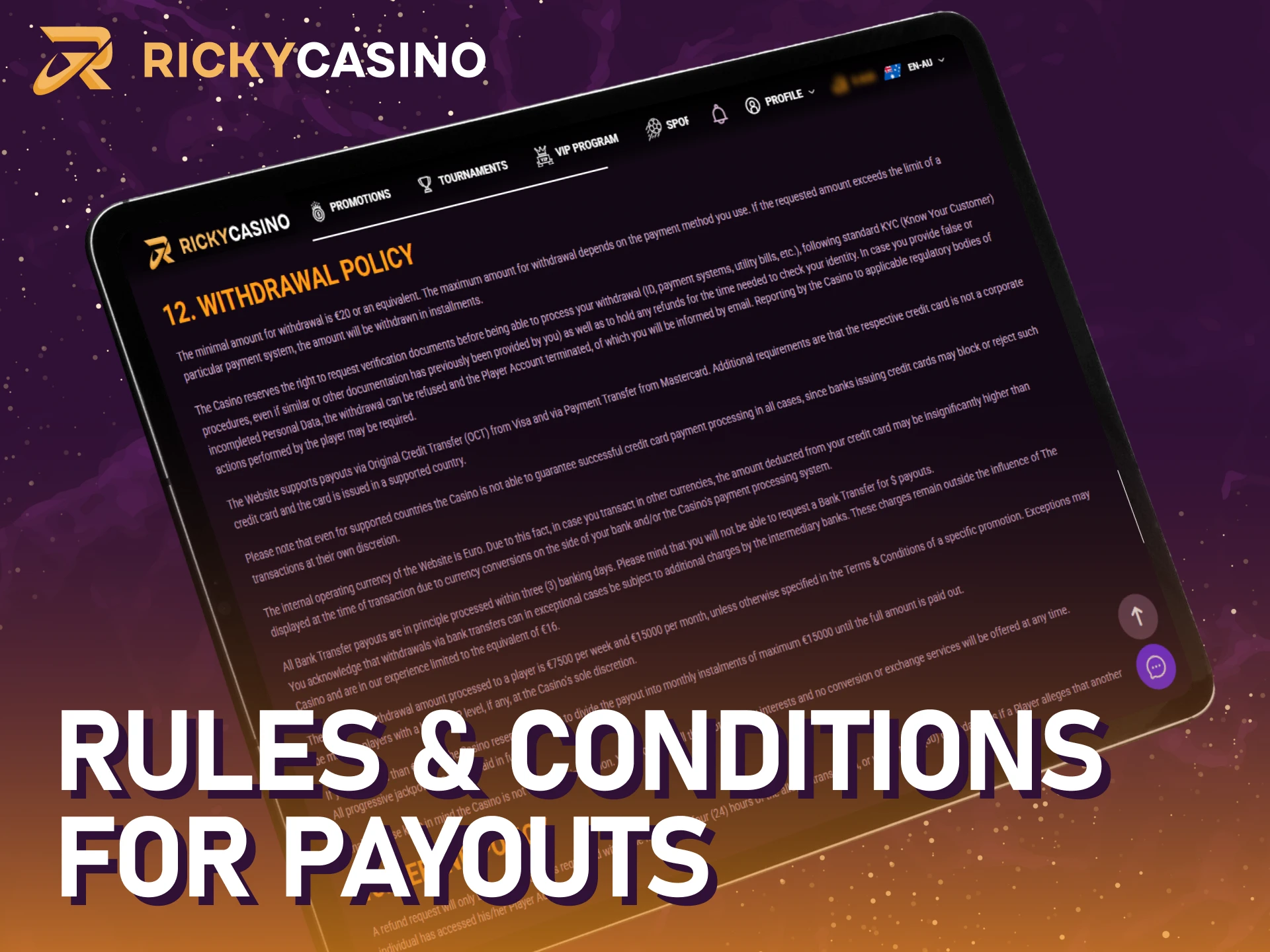 Read the rules and conditions for your Ricky casino withdrawal in Australia.