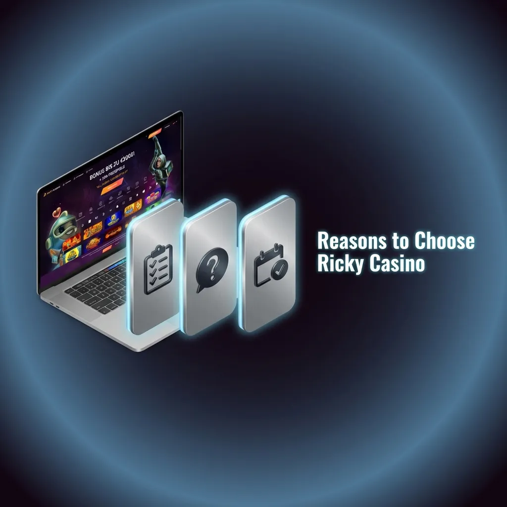 Ricky Casino benefits graphic showing instant deposits, live streaming, fast crypto withdrawals, VIP rewards, and 24/7 support