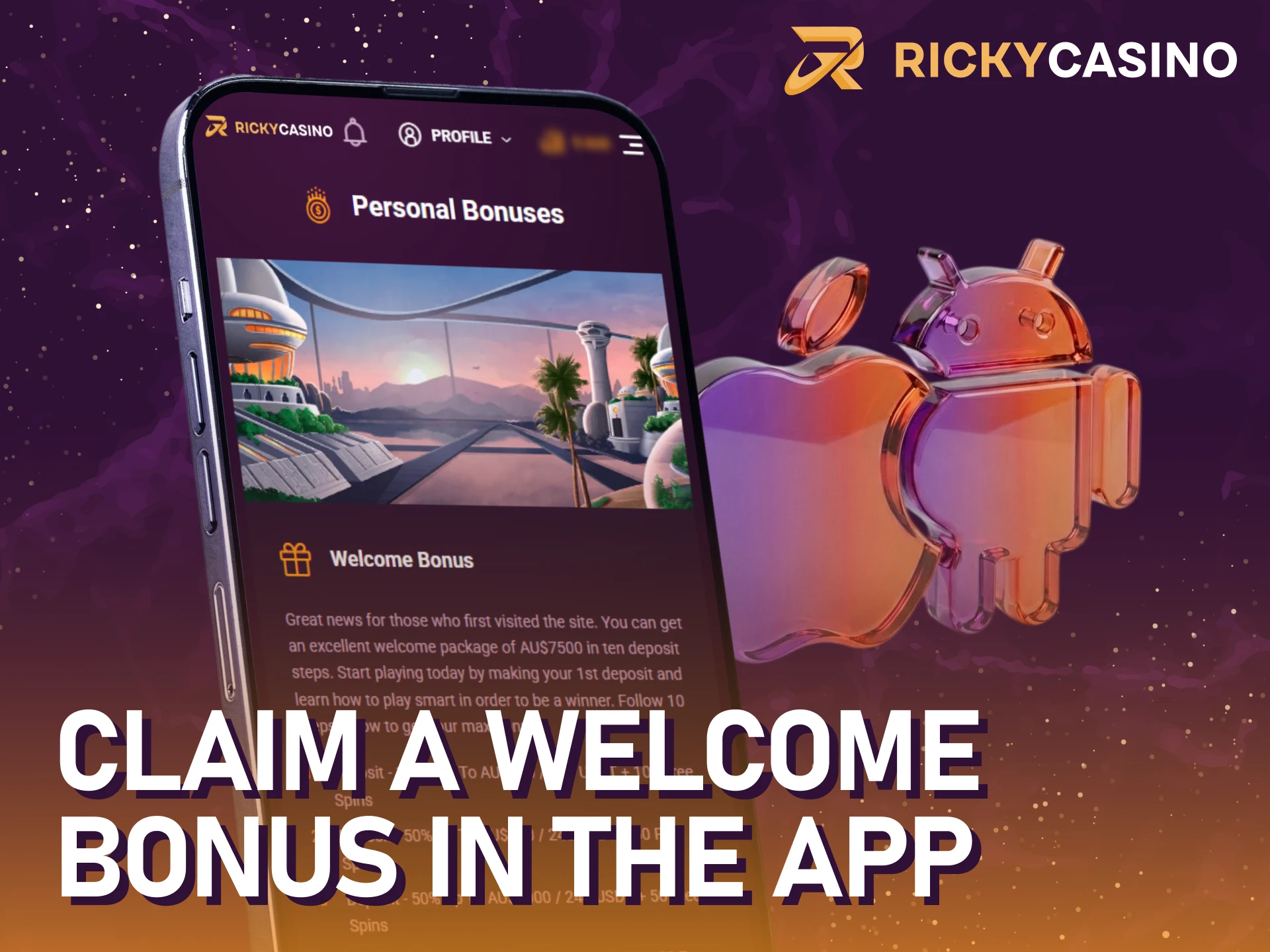 Download the mobile app to activate your Ricky casino welcome bonus.